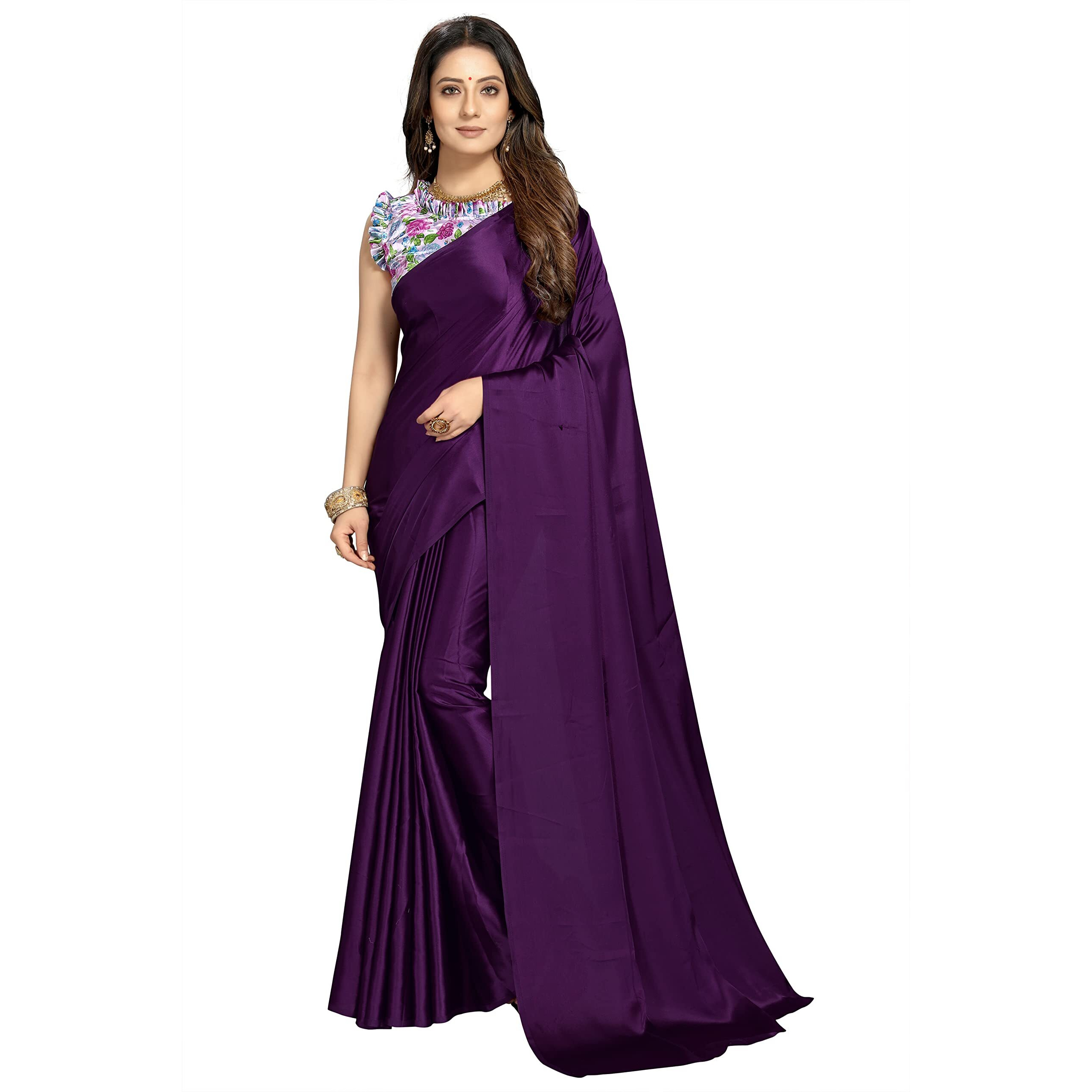 Kaugalian store Elegant Soft Satin Silk Saree for Girls and Women with Designer Digital Printed Blouse Piece - Purple