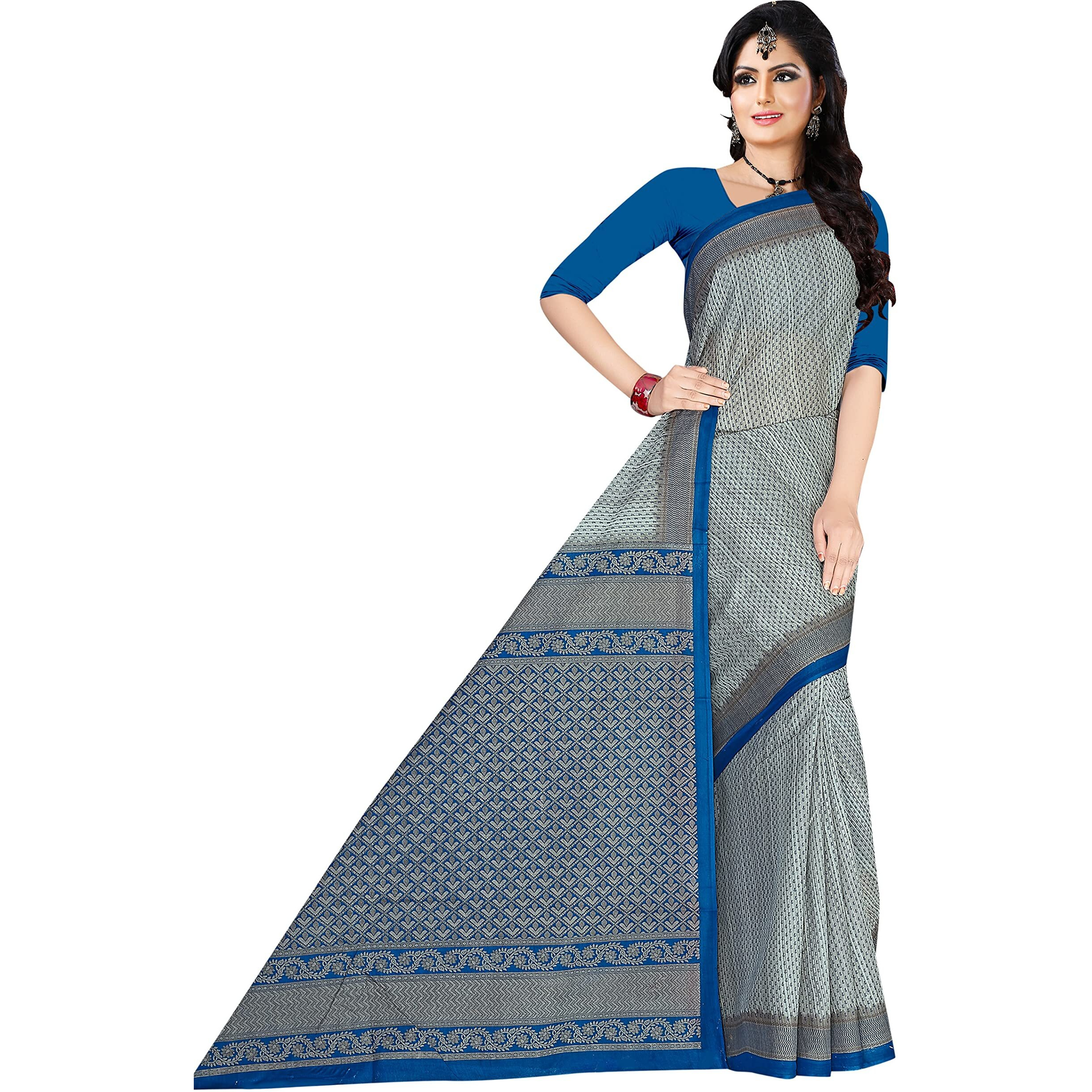 TAMAIRA FASHION Womens Plain Weave Pure Cotton Saree Without Blouse Piece (1784_GreyandPeacockBlue)