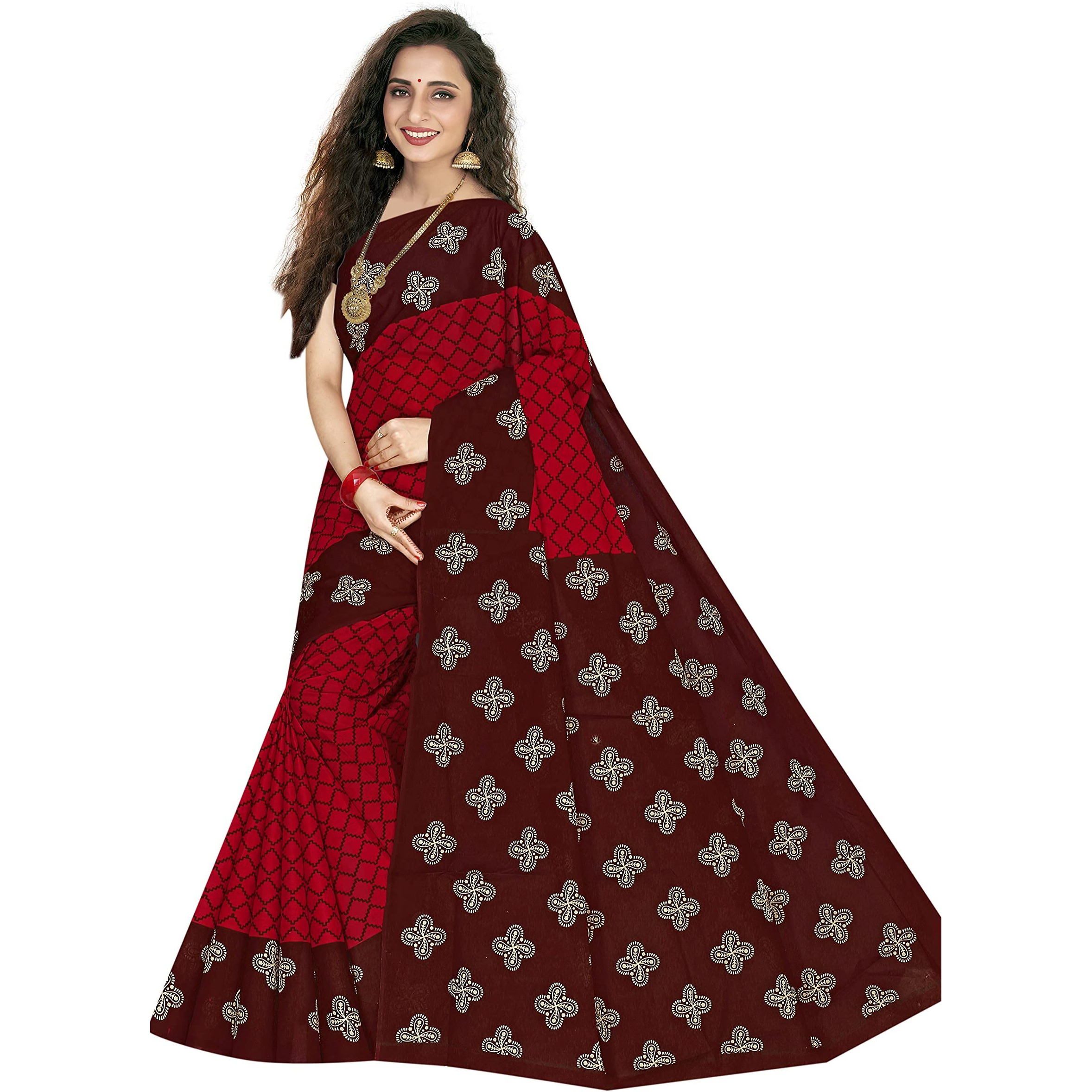 TAMAIRA FASHION Plain Weave Womens Pure Cotton Saree Without Blouse Piece (973_Red and Dark Chocolate)