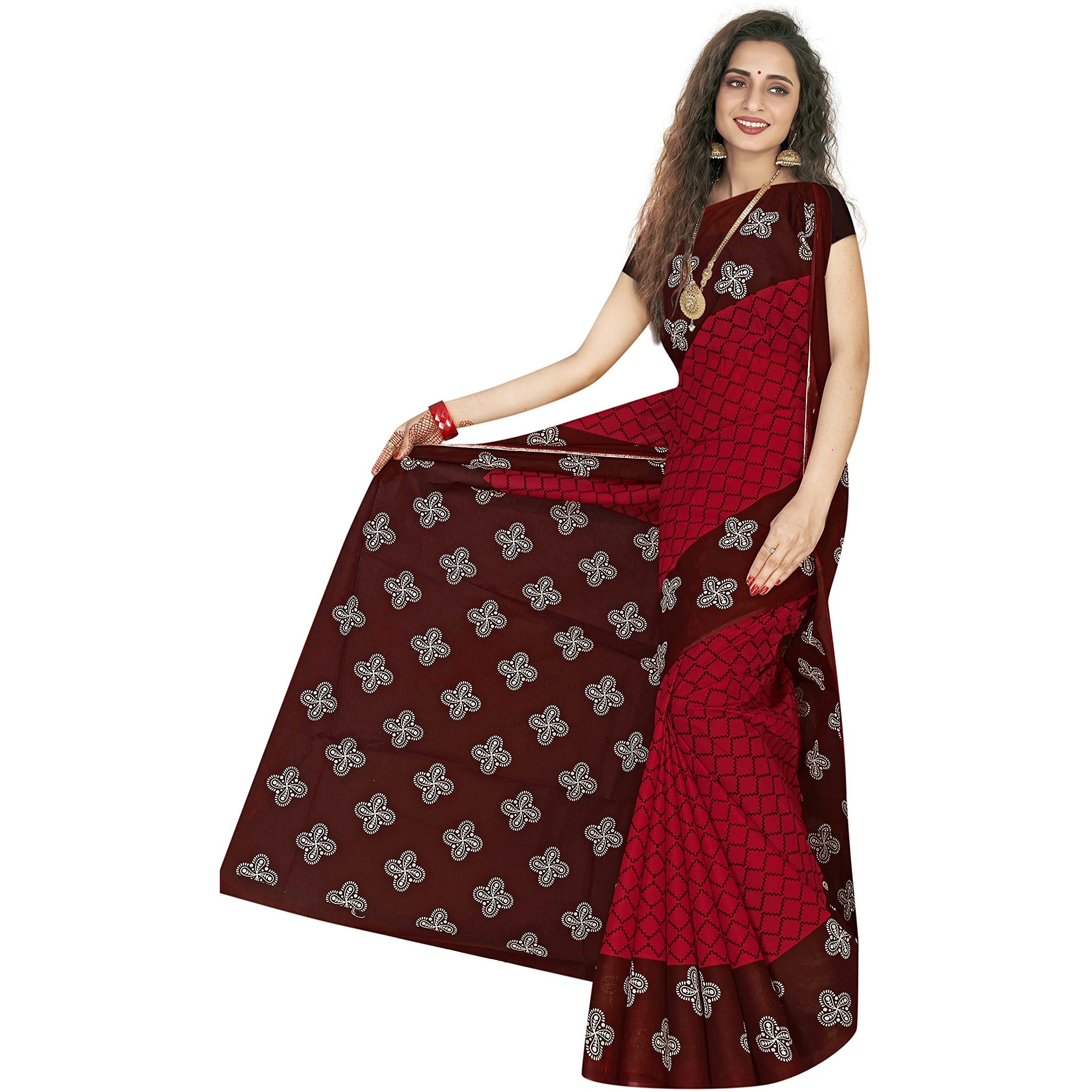 TAMAIRA FASHION Plain Weave Womens Pure Cotton Saree Without Blouse Piece (973_Red and Dark Chocolate)