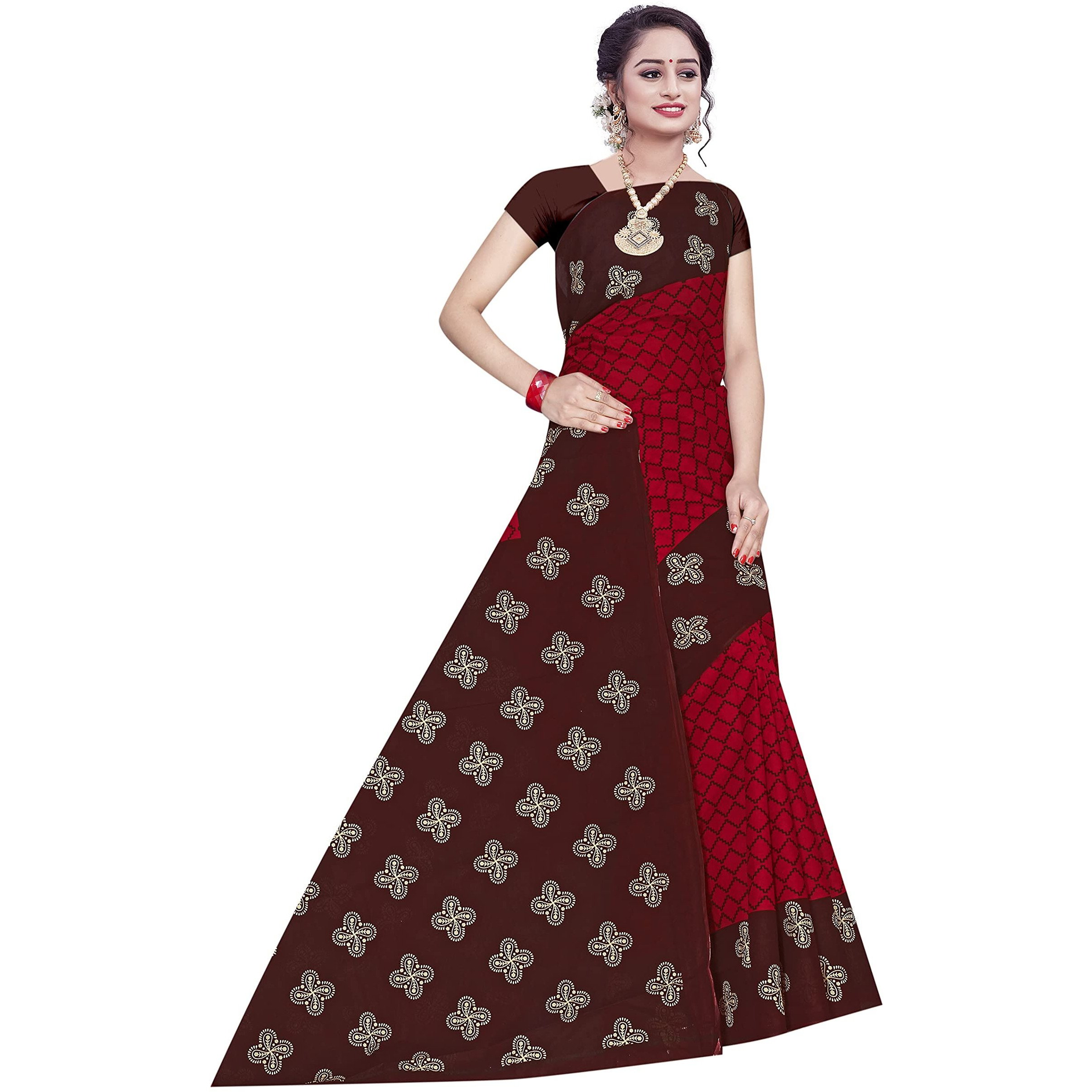 TAMAIRA FASHION Plain Weave Womens Pure Cotton Saree Without Blouse Piece (973_Red and Dark Chocolate)