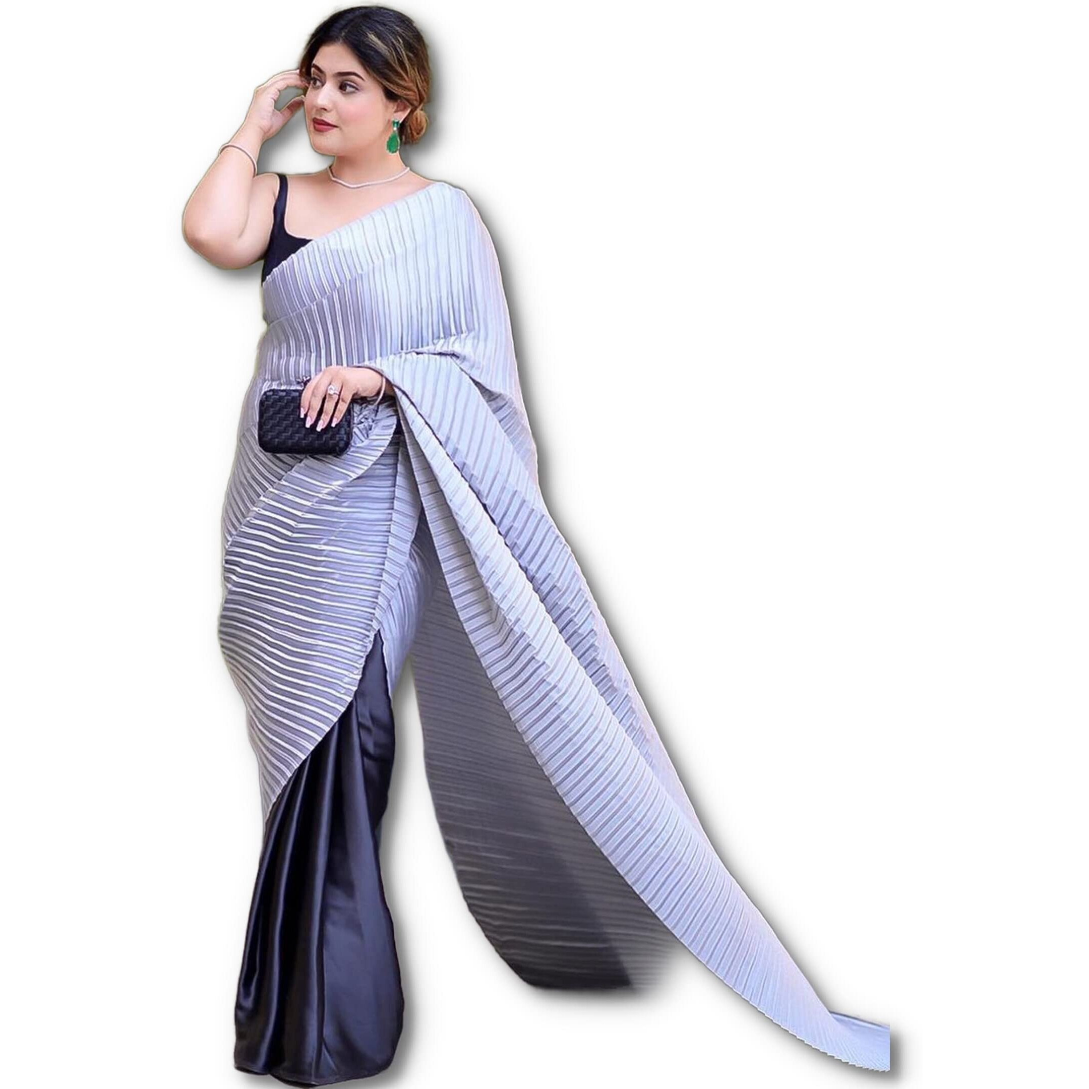 Sidhidata Womens Woven Pure Crepe Saree With Blouse Piece (Rupali Grey_Grey & Black)
