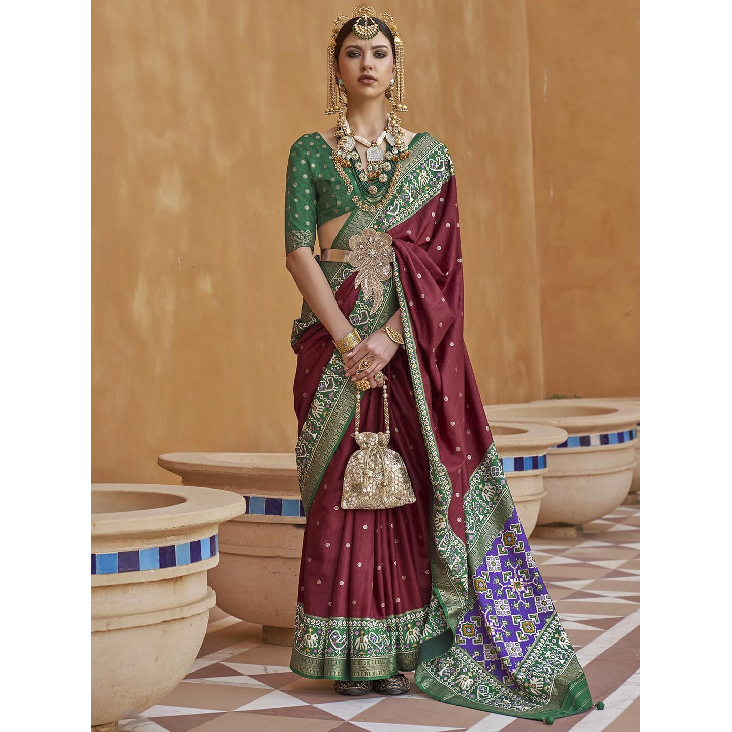 SAREE MALL Woven Design Zari Work Pure Patola Silk Saree For Women With Unstitched Blouse Piece, Maroon