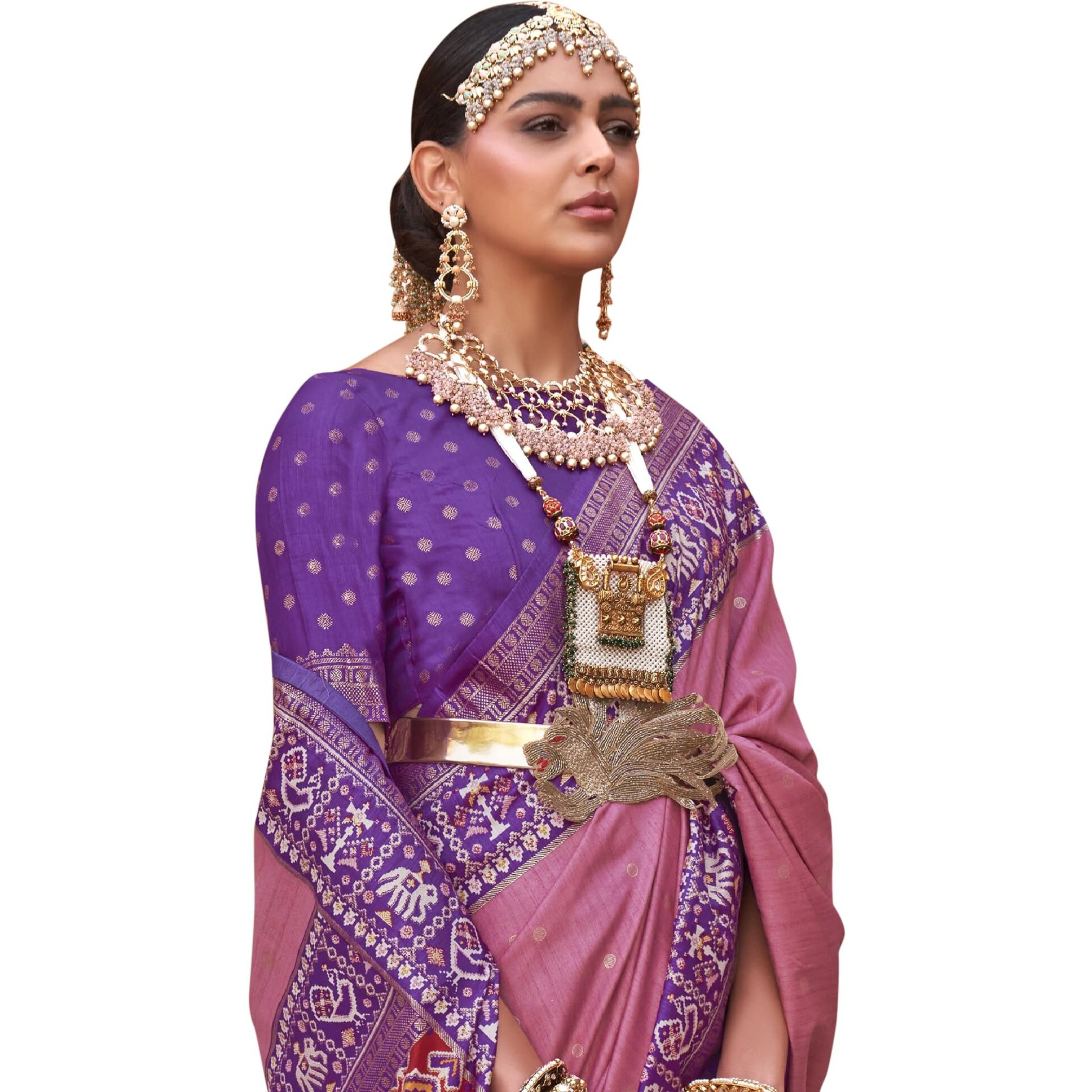 SAREE MALL Woven Design Zari Work Pure Patola Silk Saree For Women With Unstitched Blouse Piece, Mauve