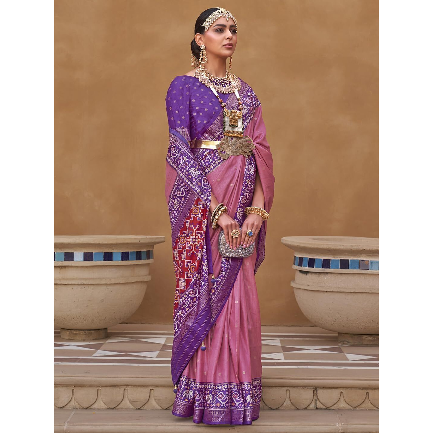 SAREE MALL Woven Design Zari Work Pure Patola Silk Saree For Women With Unstitched Blouse Piece, Mauve