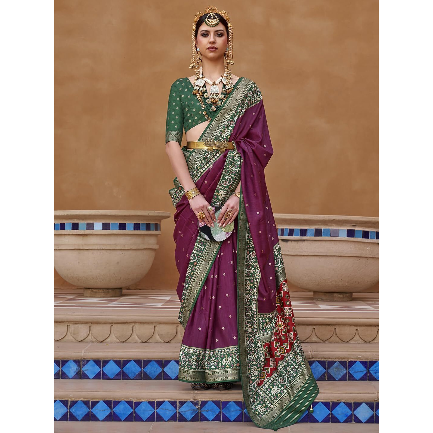 SAREE MALL Woven Design Zari Work Pure Patola Silk Saree For Women With Unstitched Blouse Piece, Magenta