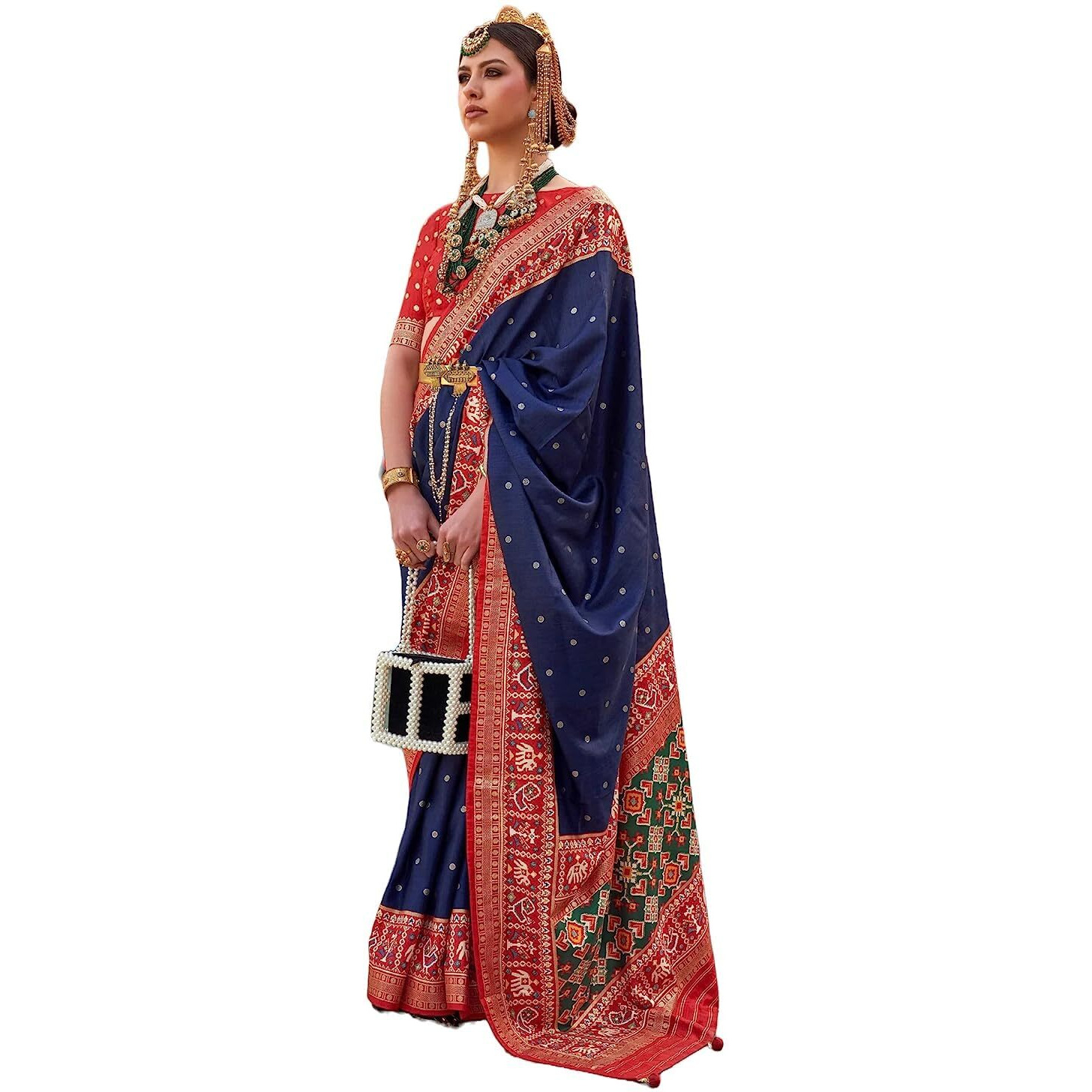 SAREE MALL Woven Design Zari Work Pure Patola Silk Saree For Women With Unstitched Blouse Piece, Navy Blue