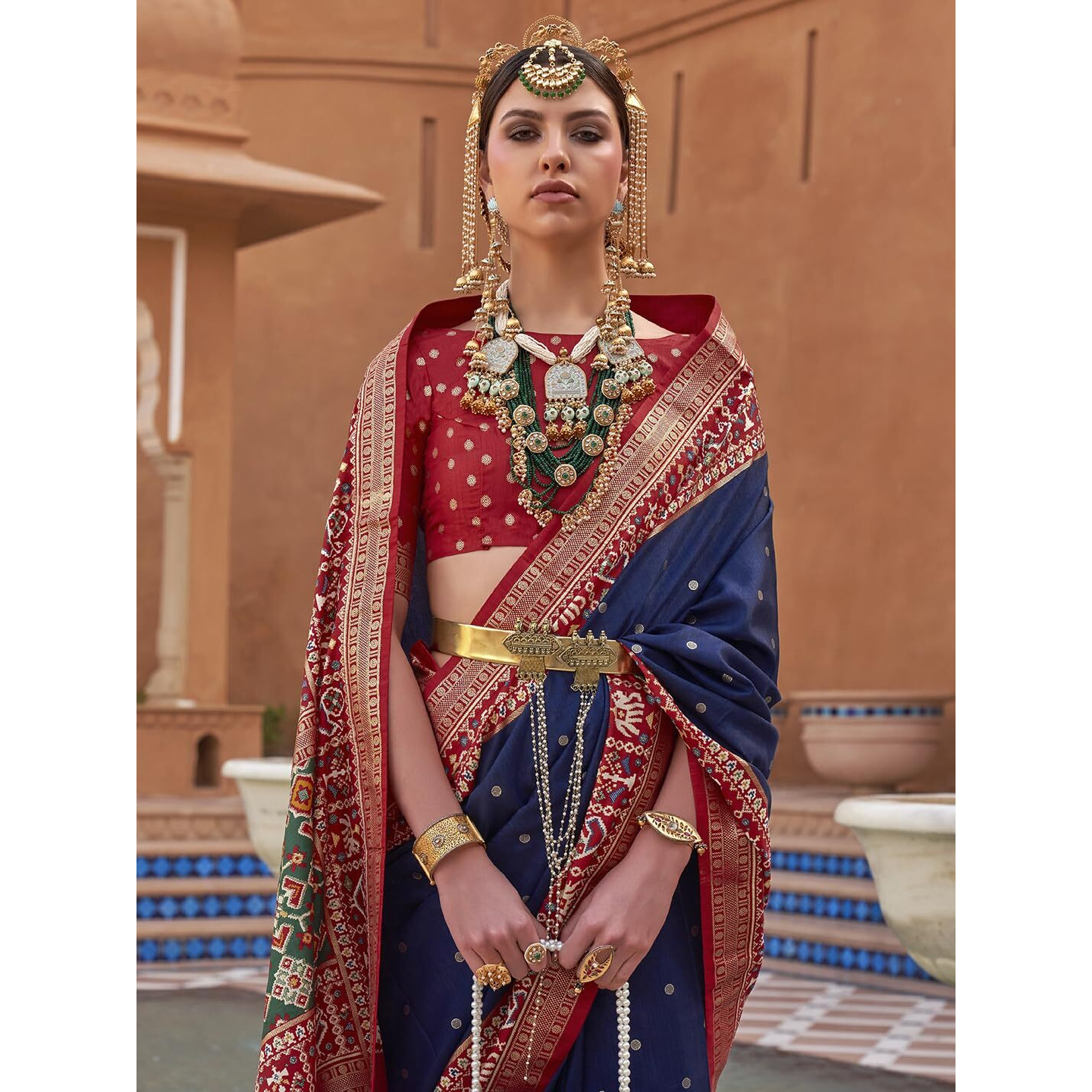 SAREE MALL Woven Design Zari Work Pure Patola Silk Saree For Women With Unstitched Blouse Piece, Navy Blue