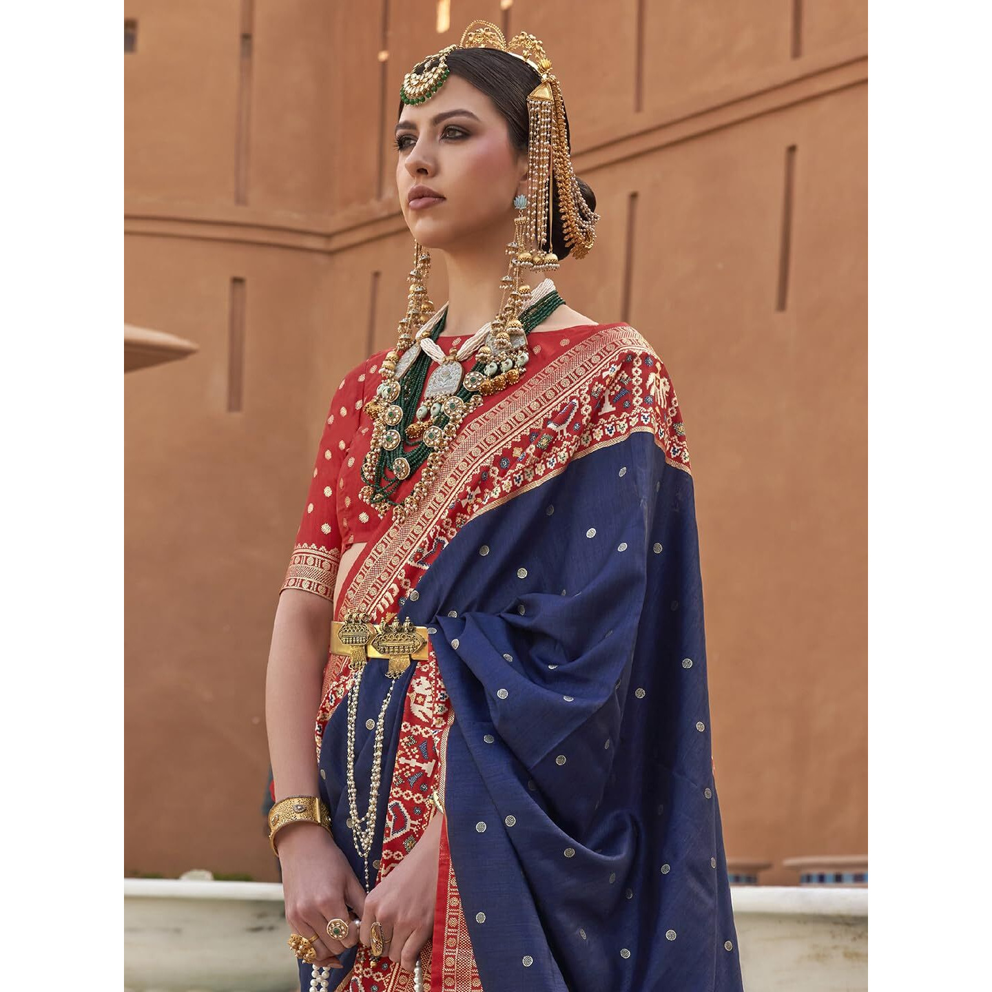SAREE MALL Woven Design Zari Work Pure Patola Silk Saree For Women With Unstitched Blouse Piece, Navy Blue