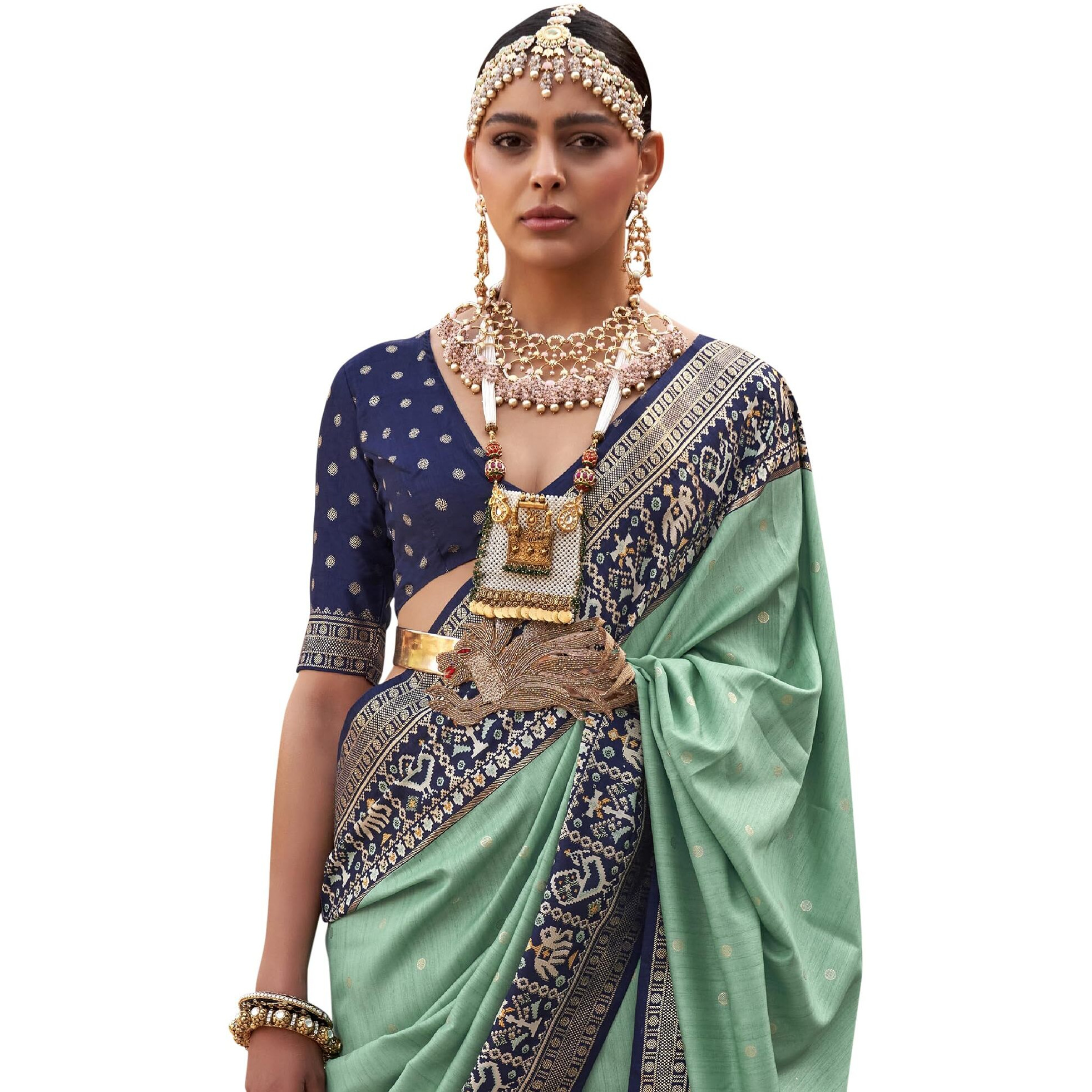 SAREE MALL Woven Design Zari Work Pure Patola Silk Saree For Women With Unstitched Blouse Piece, Green
