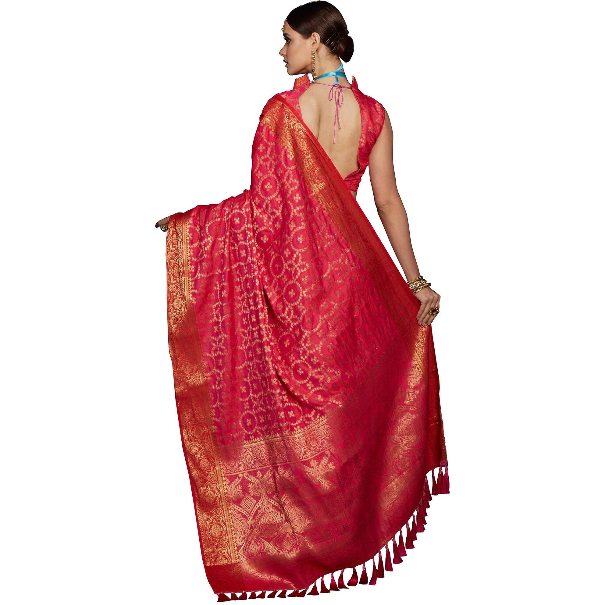 SAREE MALL Womens Kanchipuram Silk Blend Saree With Unstitched Blouse (Pink Silk Blend KENAS72002_Pink)