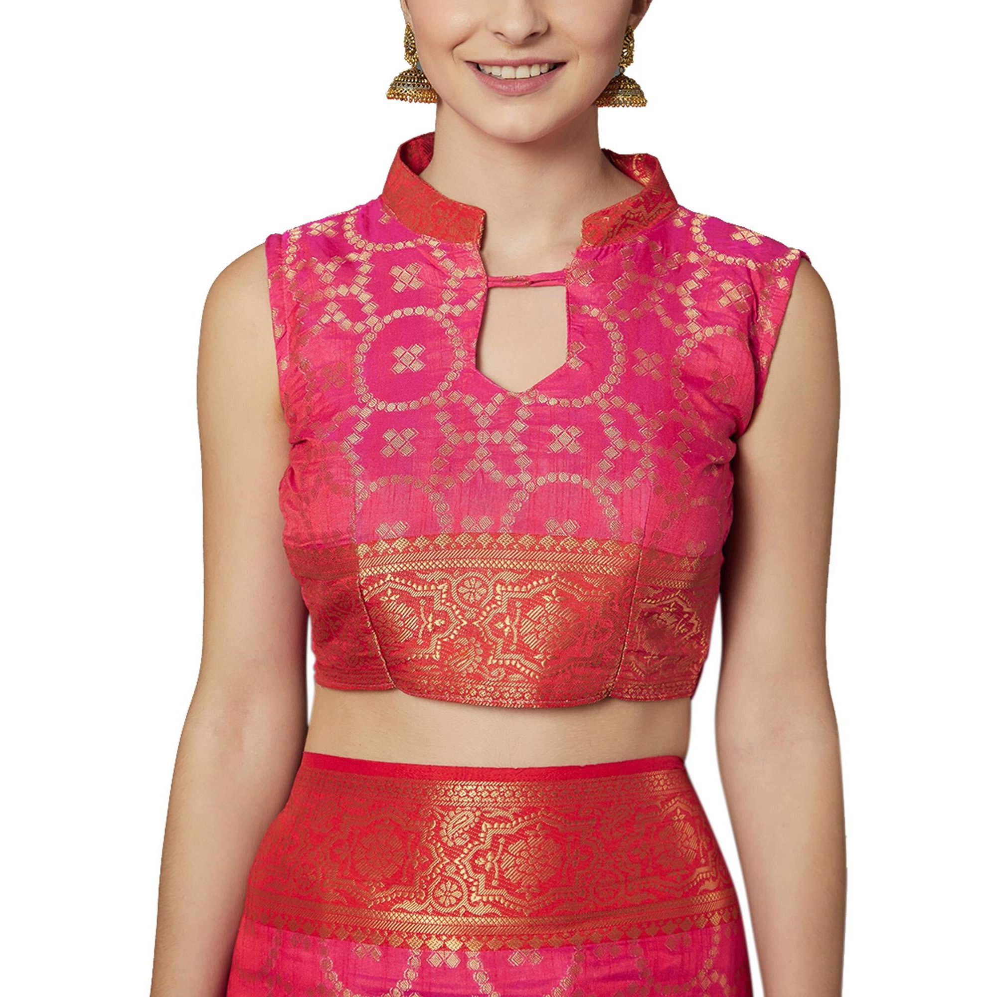 SAREE MALL Womens Kanchipuram Silk Blend Saree With Unstitched Blouse (Pink Silk Blend KENAS72002_Pink)