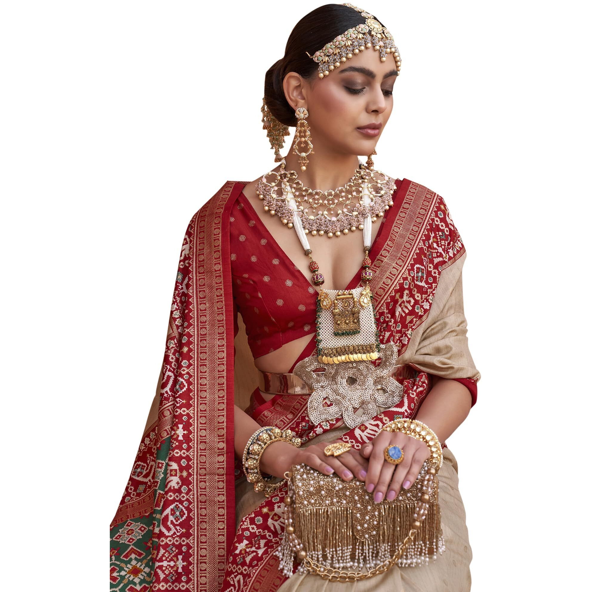 SAREE MALL Woven Design Zari Work Pure Patola Silk Saree For Women With Unstitched Blouse Piece, Cream