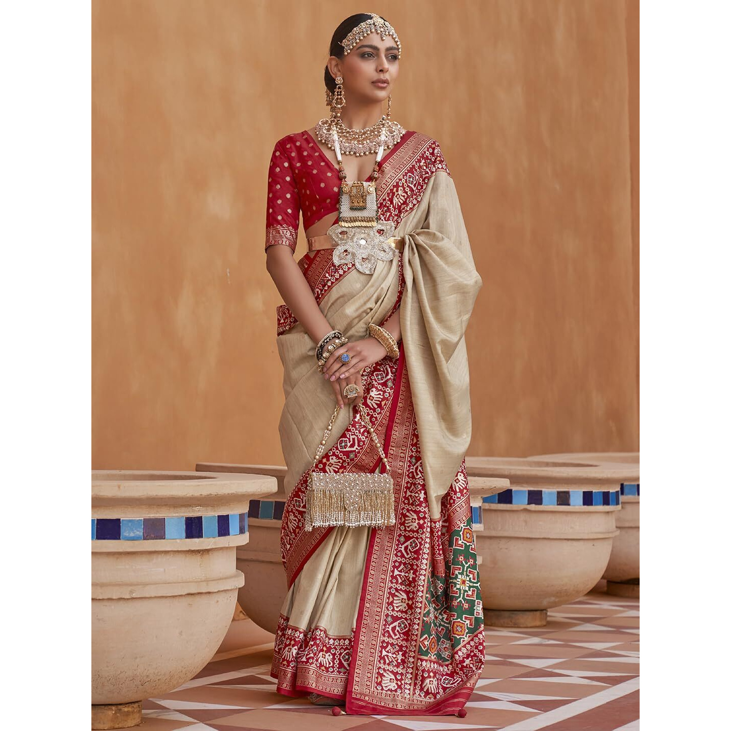 SAREE MALL Woven Design Zari Work Pure Patola Silk Saree For Women With Unstitched Blouse Piece, Cream