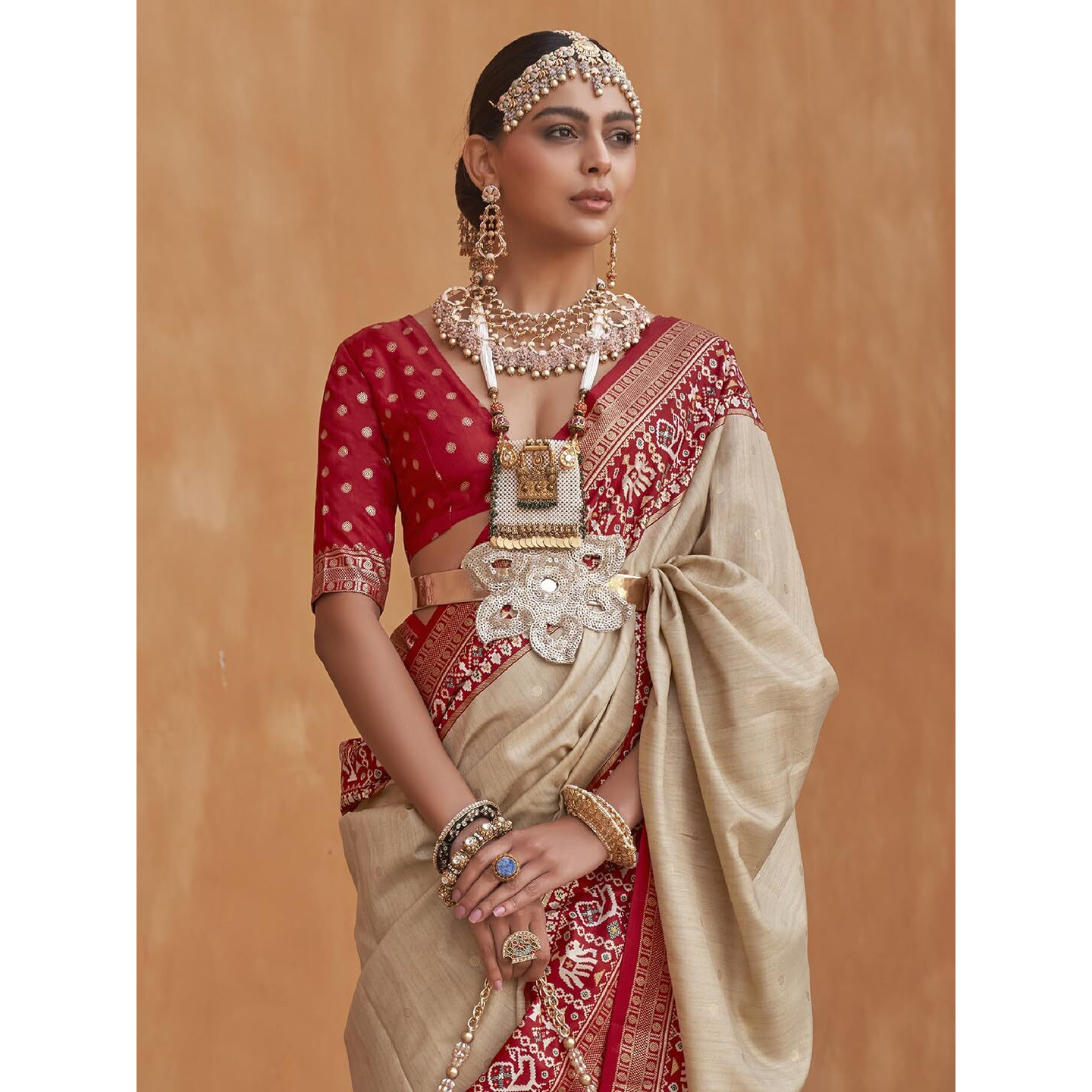 SAREE MALL Woven Design Zari Work Pure Patola Silk Saree For Women With Unstitched Blouse Piece, Cream