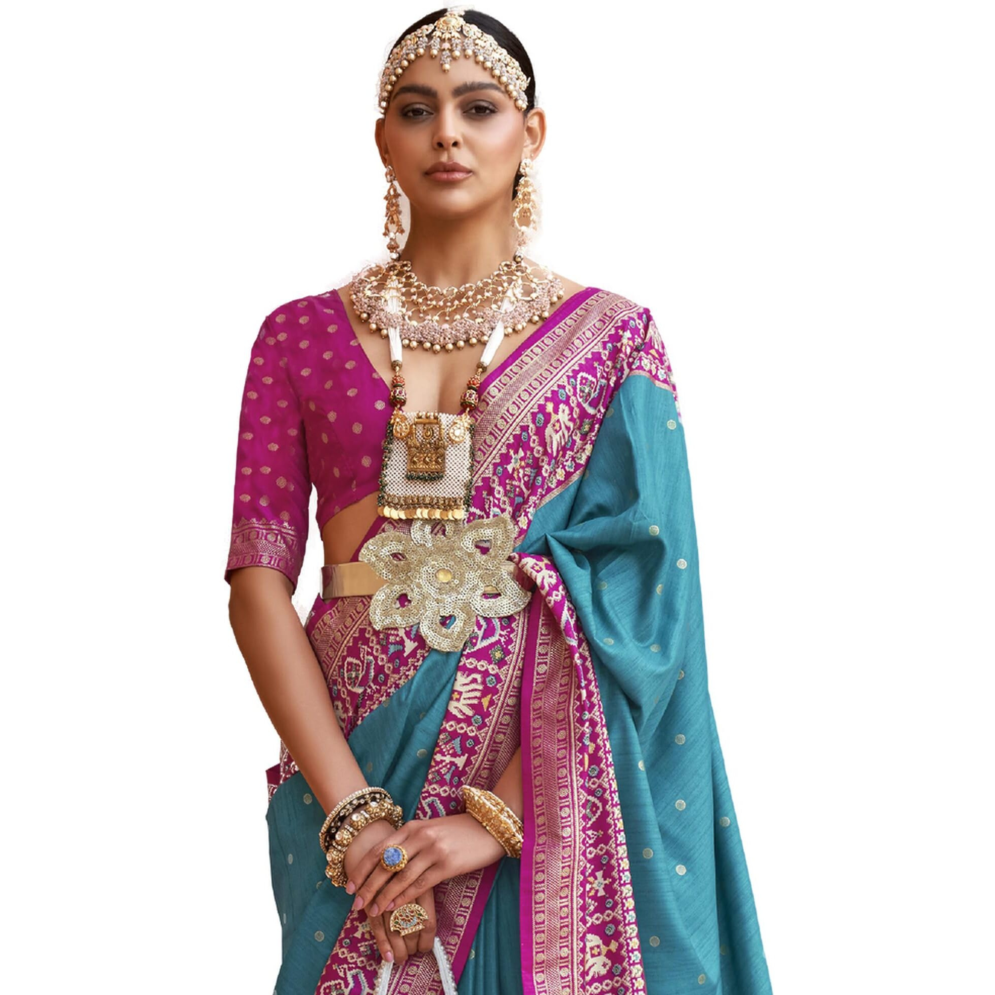 SAREE MALL Woven Design Zari Work Pure Patola Silk Saree For Women With Unstitched Blouse Piece, Blue