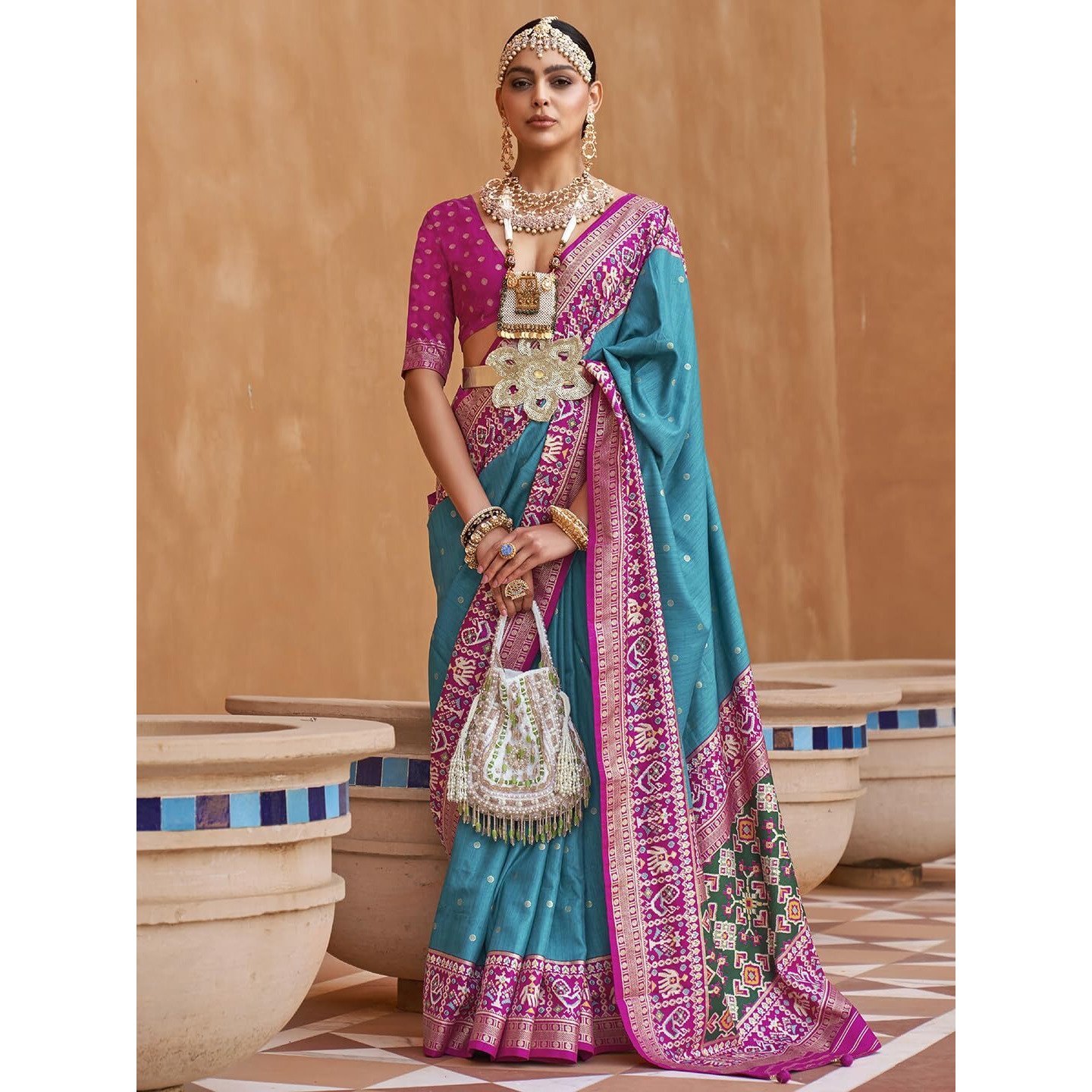 SAREE MALL Woven Design Zari Work Pure Patola Silk Saree For Women With Unstitched Blouse Piece, Blue