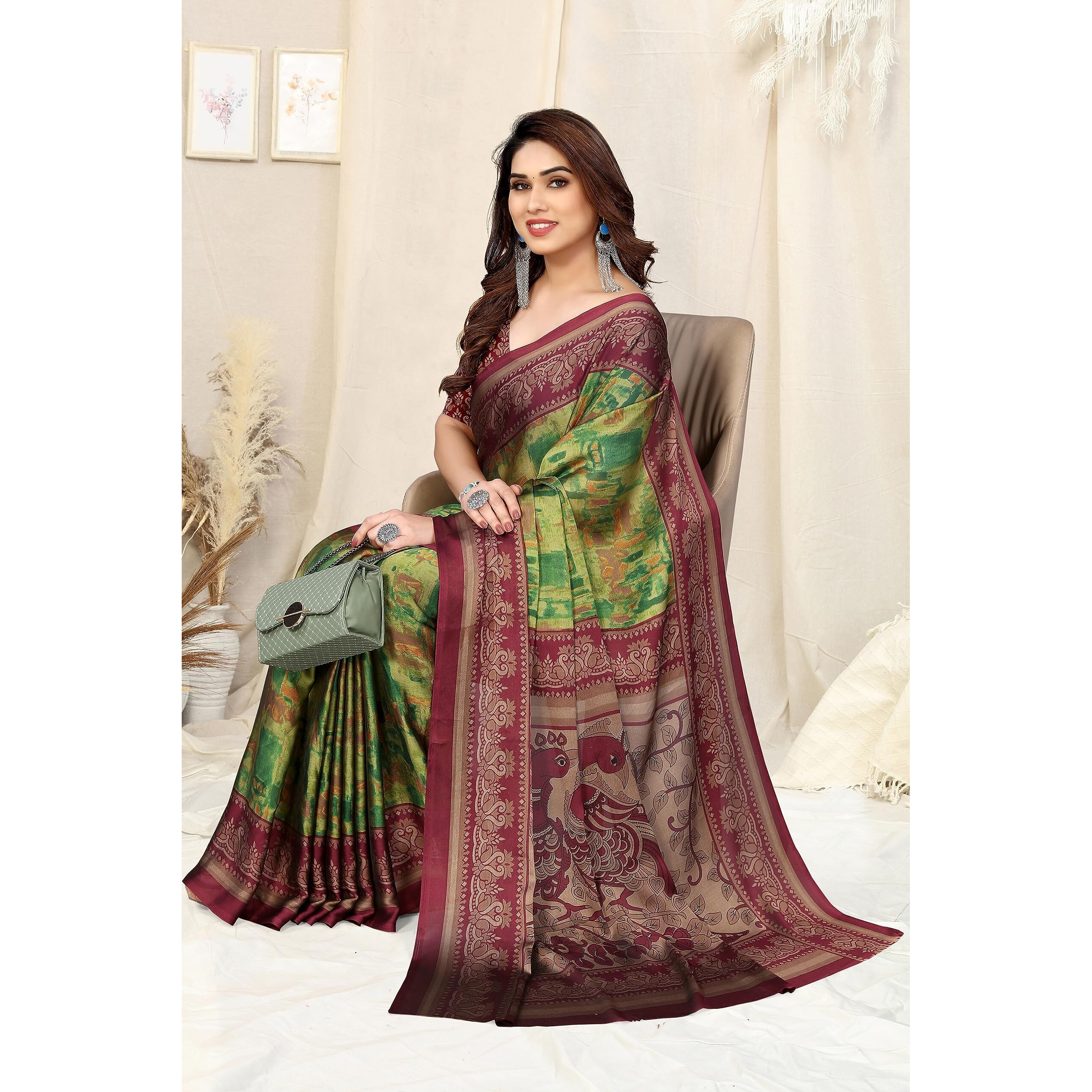 MIRCHI FASHION Womens Plain Weave Chiffon Abstract printed Saree with Blouse Piece (39045A-Green, Maroon)