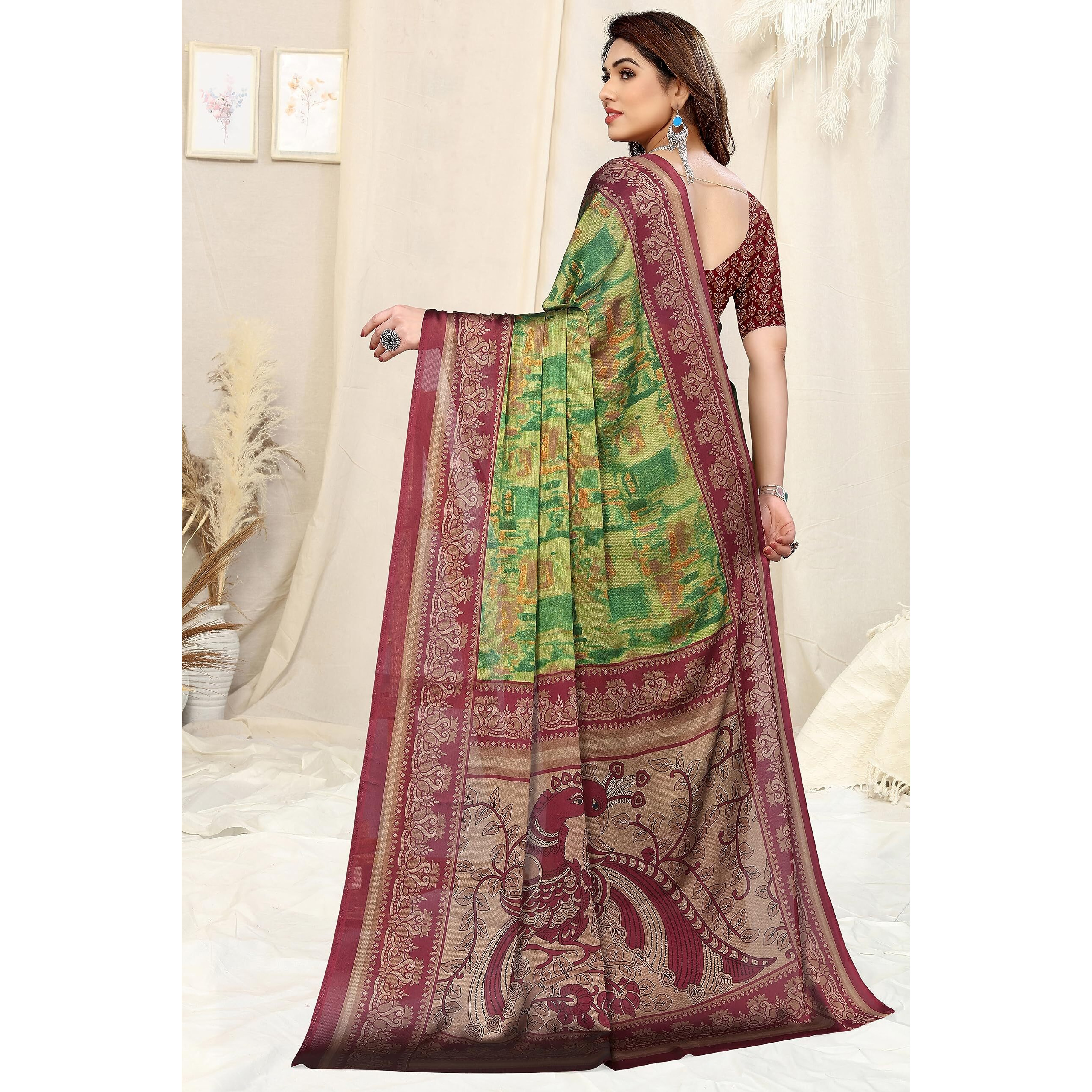 MIRCHI FASHION Womens Plain Weave Chiffon Abstract printed Saree with Blouse Piece (39045A-Green, Maroon)