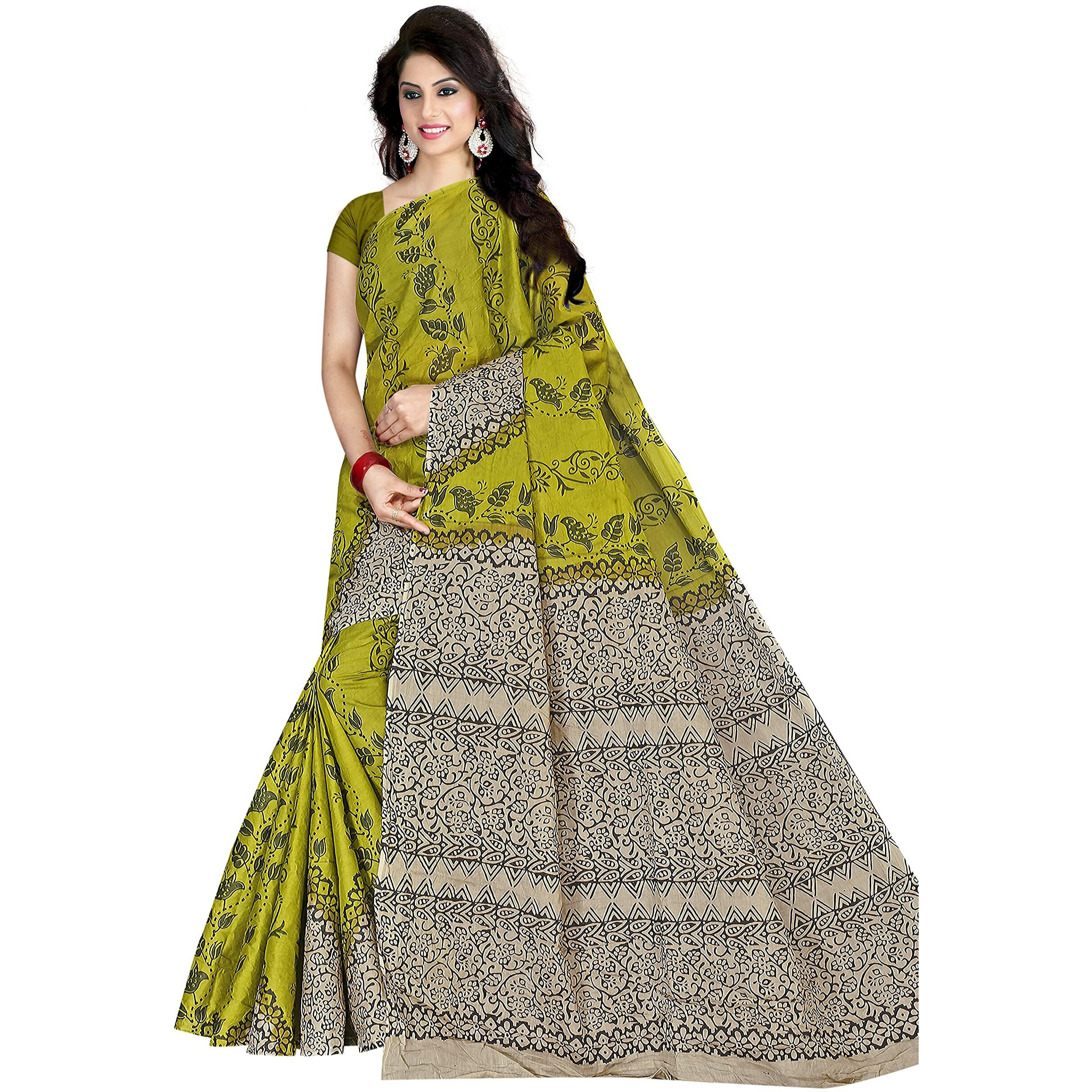 TAMAIRA FASHION Womens Plain Weave Pure Cotton Saree Without Blouse Piece (AB11_Green)