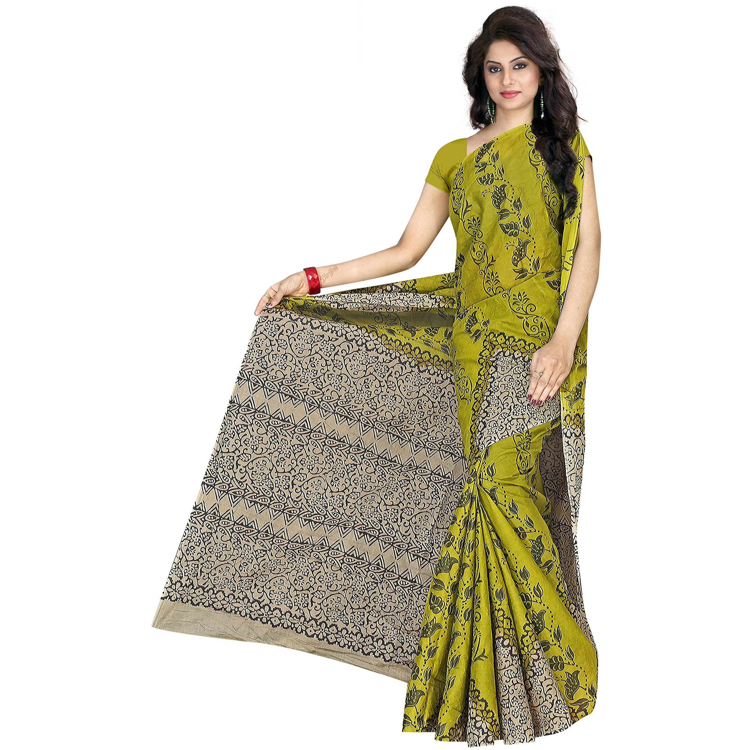 TAMAIRA FASHION Womens Plain Weave Pure Cotton Saree Without Blouse Piece (AB11_Green)