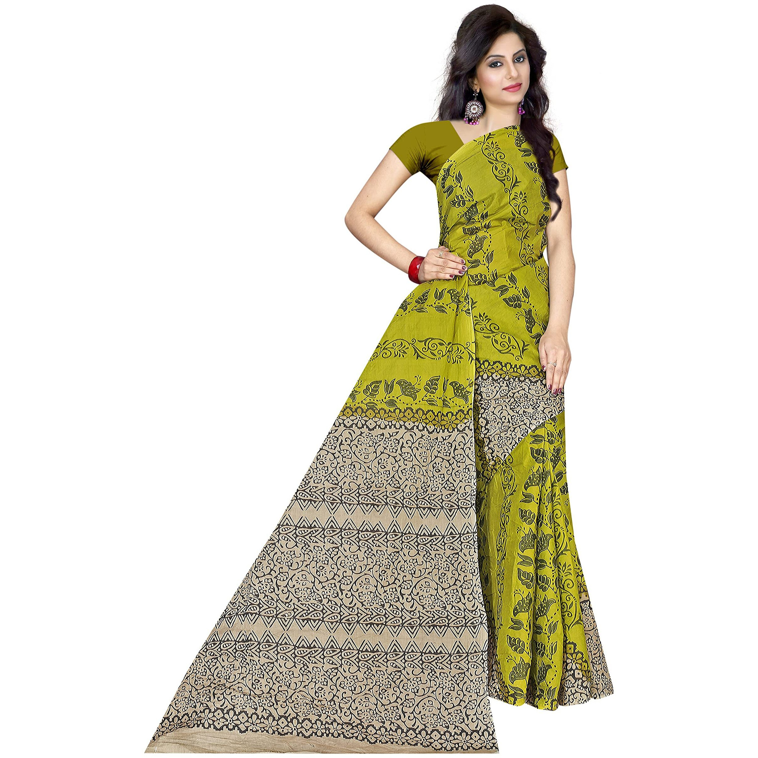 TAMAIRA FASHION Womens Plain Weave Pure Cotton Saree Without Blouse Piece (AB11_Green)