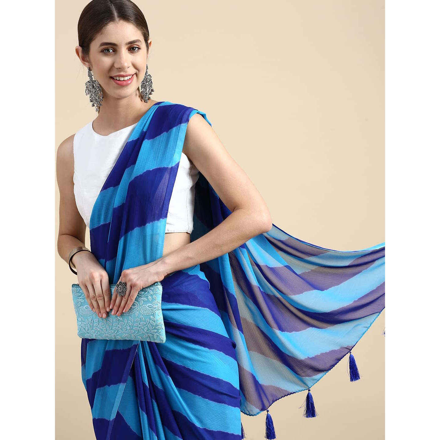 RANI SAAHIBA Womens Chiffon Lehriya Printed Saree Without Blouse (SSKR9108_Blue)