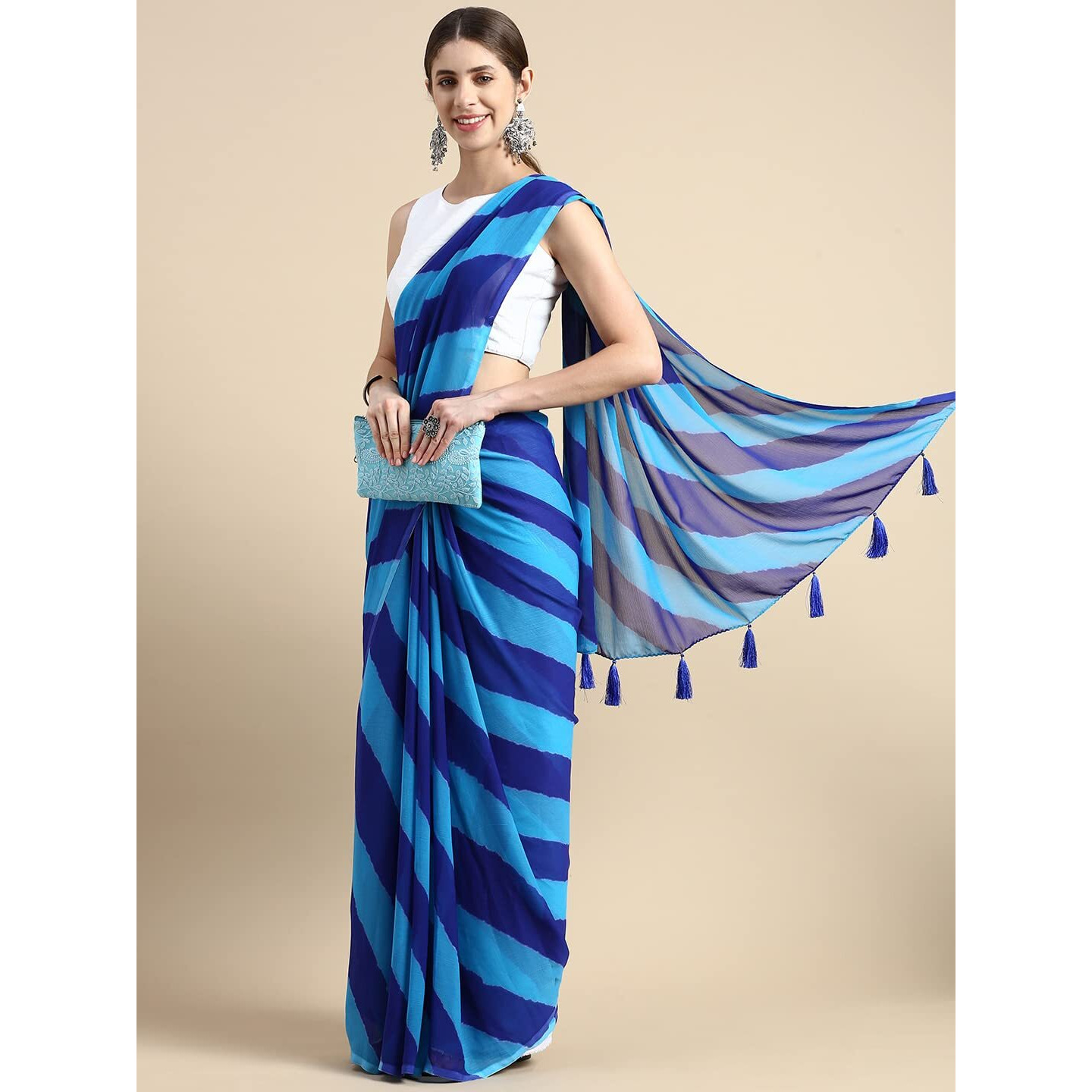 RANI SAAHIBA Womens Chiffon Lehriya Printed Saree Without Blouse (SSKR9108_Blue)
