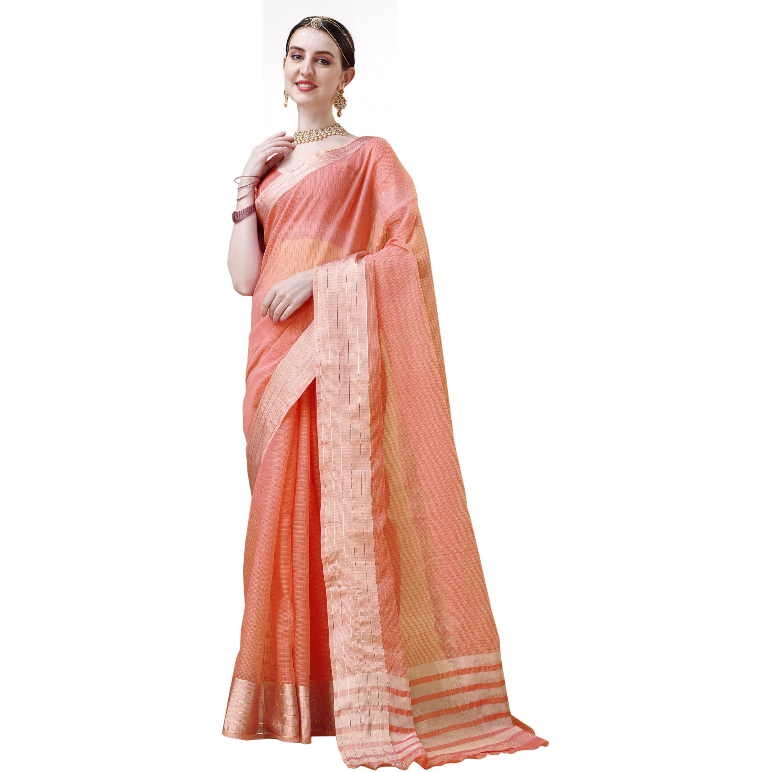 EthnicJunction Womens Cotton Linen Woven Saree With Blouse Piece (Orange)