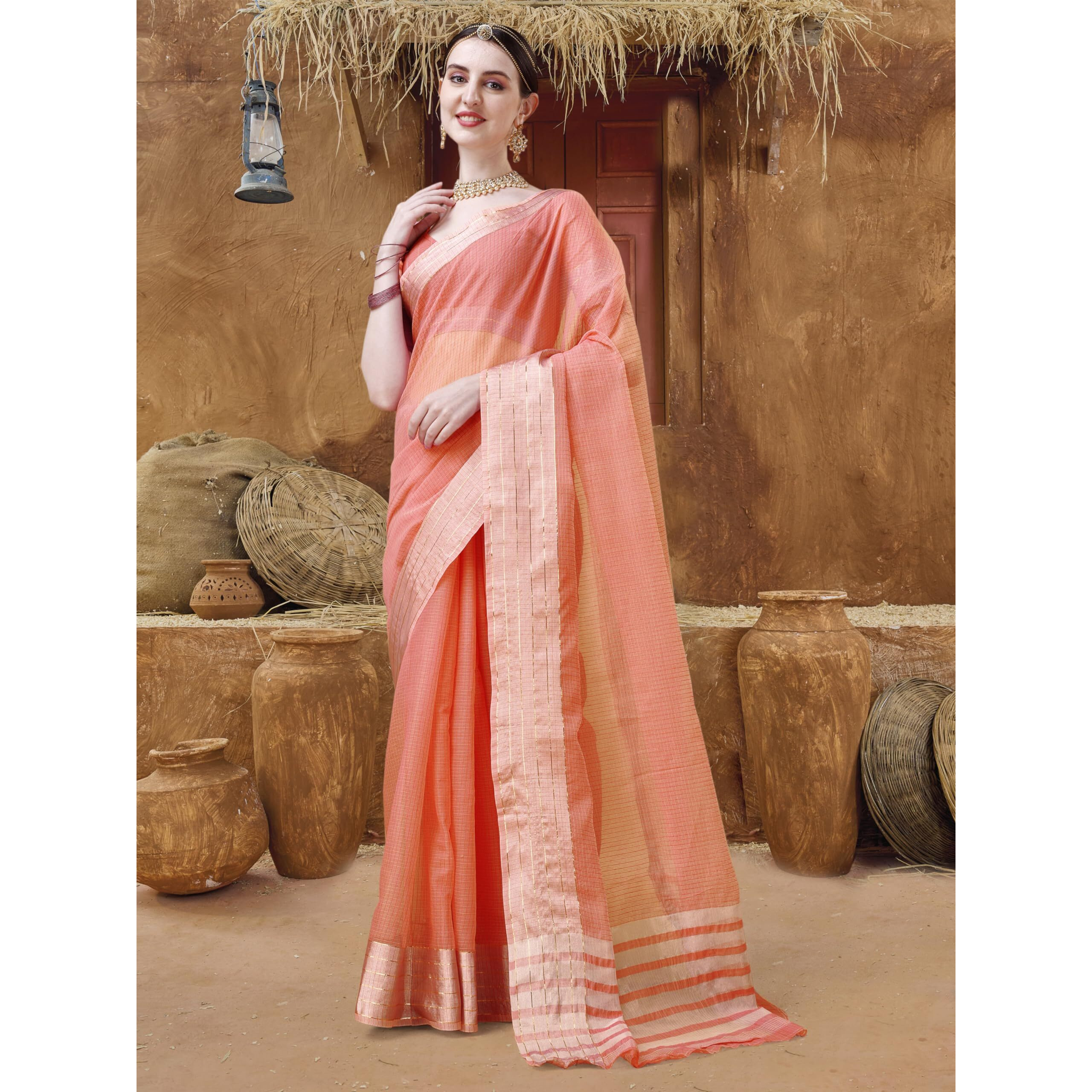 EthnicJunction Womens Cotton Linen Woven Saree With Blouse Piece (Orange)