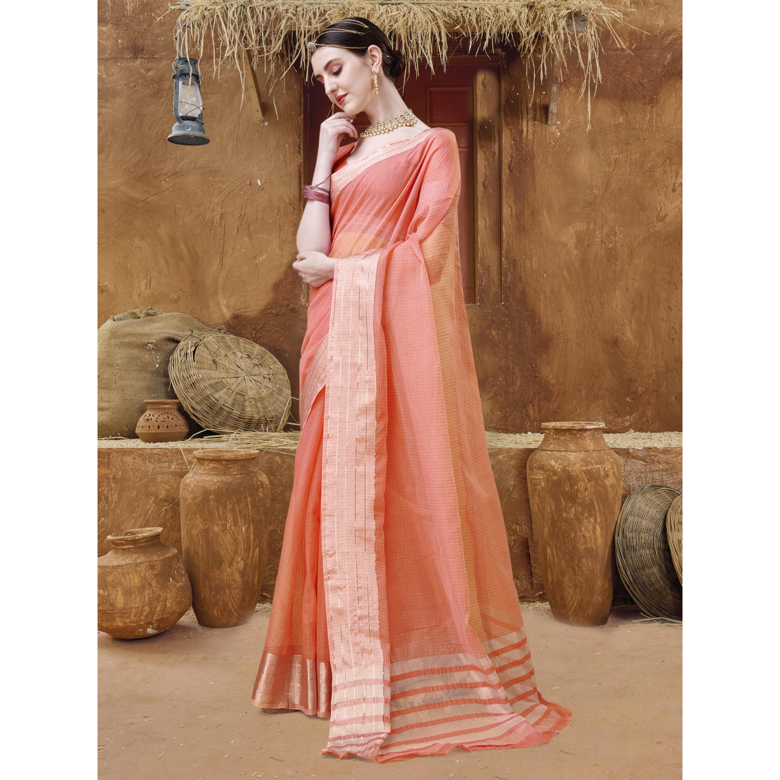 EthnicJunction Womens Cotton Linen Woven Saree With Blouse Piece (Orange)