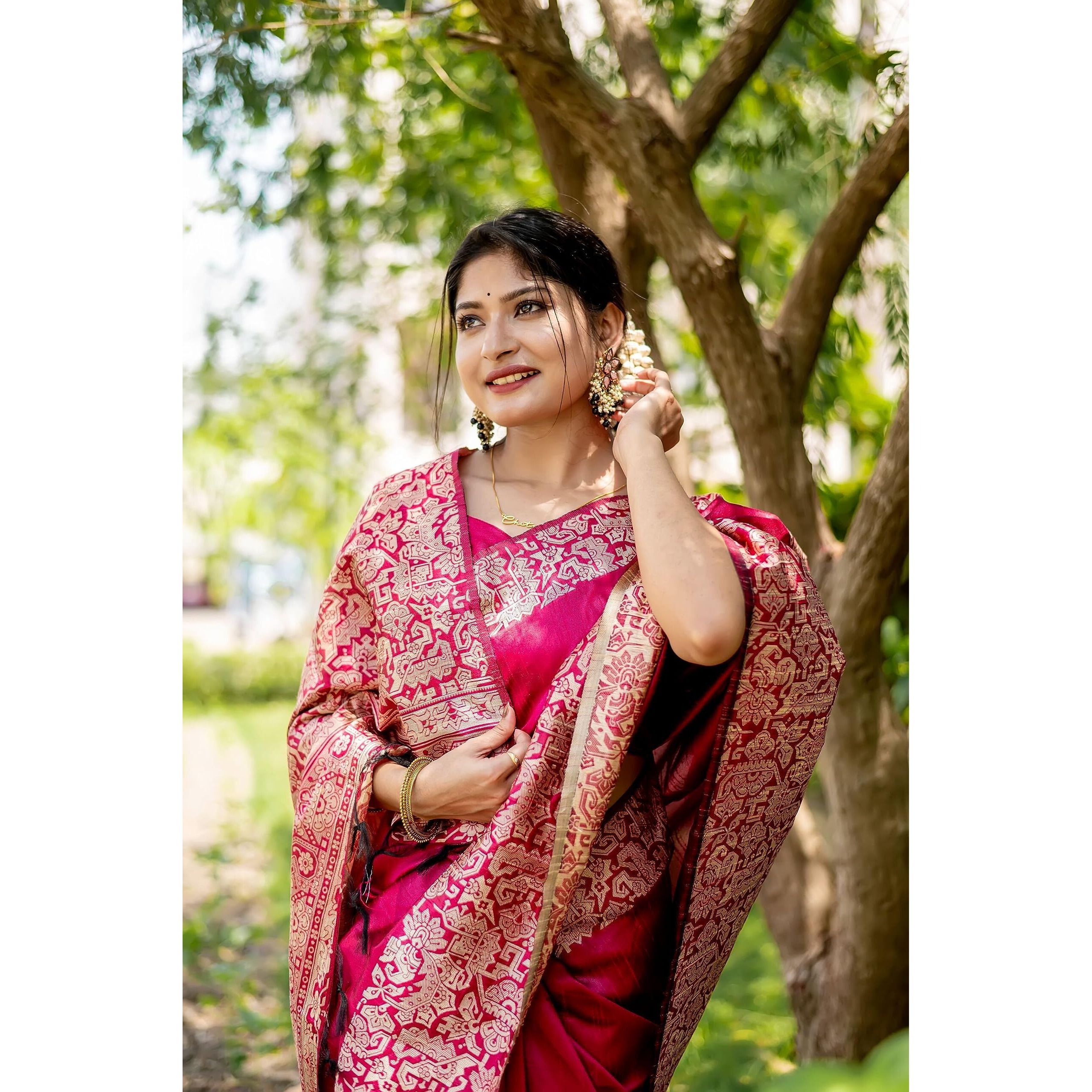 NK Textiles Womens Plain/Solid With Kalamkari Woven Border Raw Silk Saree With Tassels (13 Colors), Pink