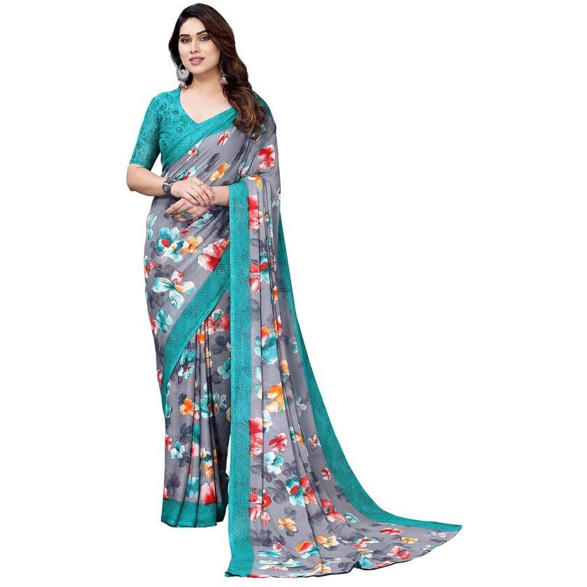 Satrani Womens Pure Georgette Saree (3201S2297NA_Grey & Multi1)