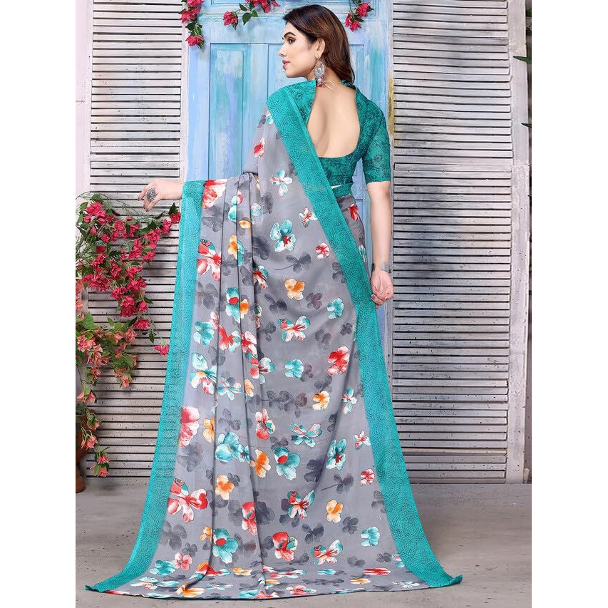 Satrani Womens Pure Georgette Saree (3201S2297NA_Grey & Multi1)