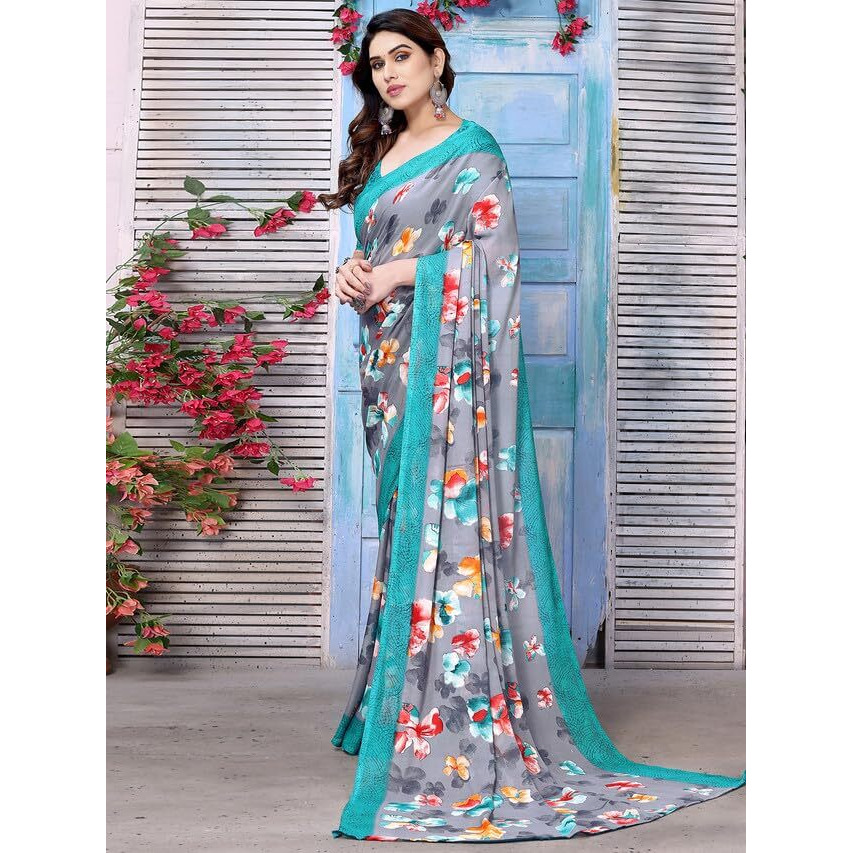 Satrani Womens Pure Georgette Saree (3201S2297NA_Grey & Multi1)