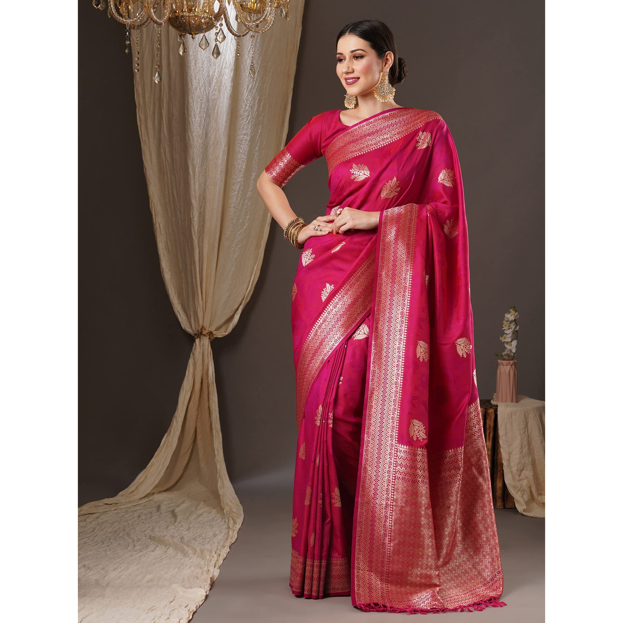 AKHILAM Womens Bagh Silk Blend Woven Design Saree With Unstitched Blouse Piece (Pink_13PAKHI1403)
