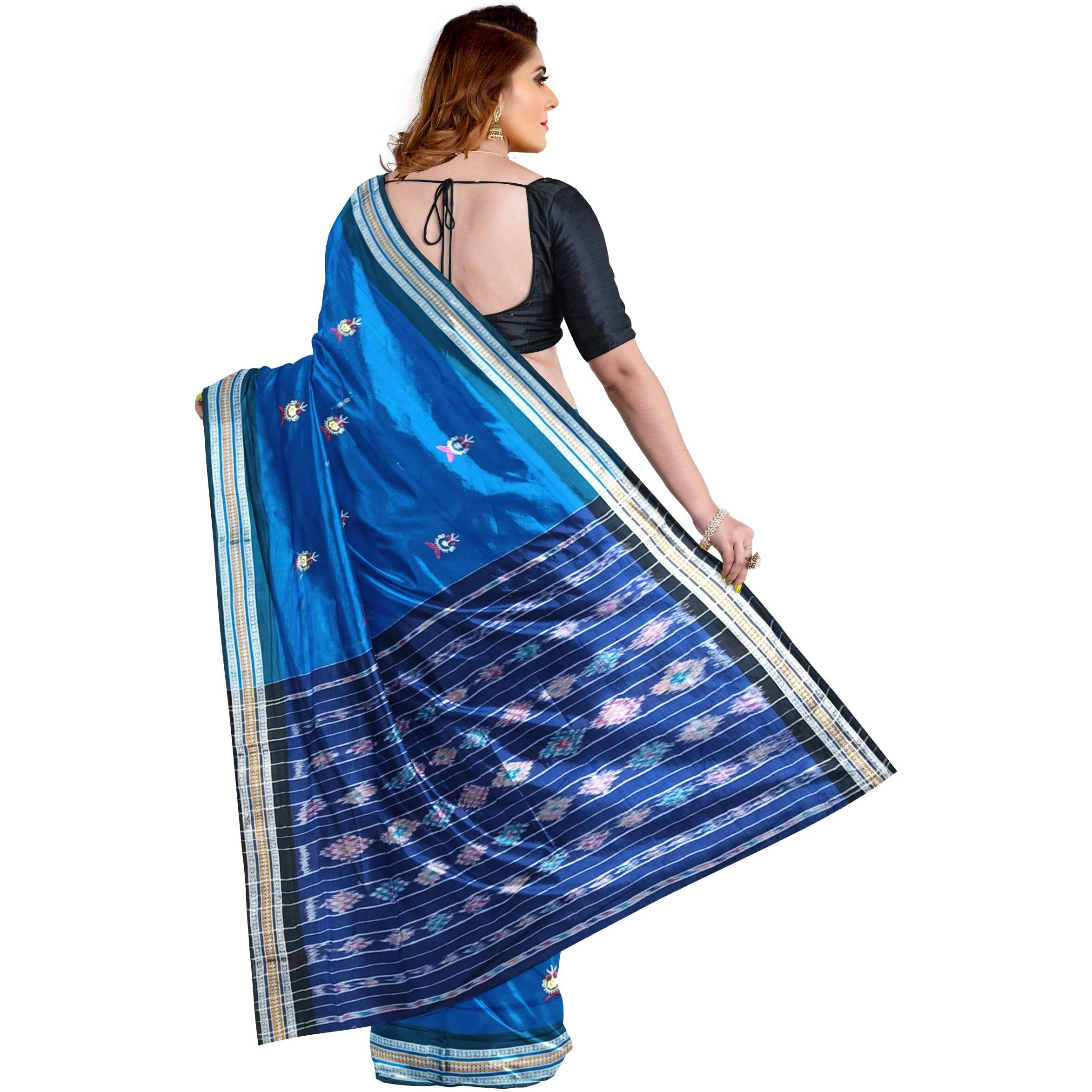 BTHIKIRI Odisha Sambalpuri Handloom Ikat Womens Cotton Saree, Odisha Handloom Handmade Pure Cotton Khandua Saree, Ikkat Orissa Traditional Handloom Saree Without Blouse (Blue, BTHI 101)