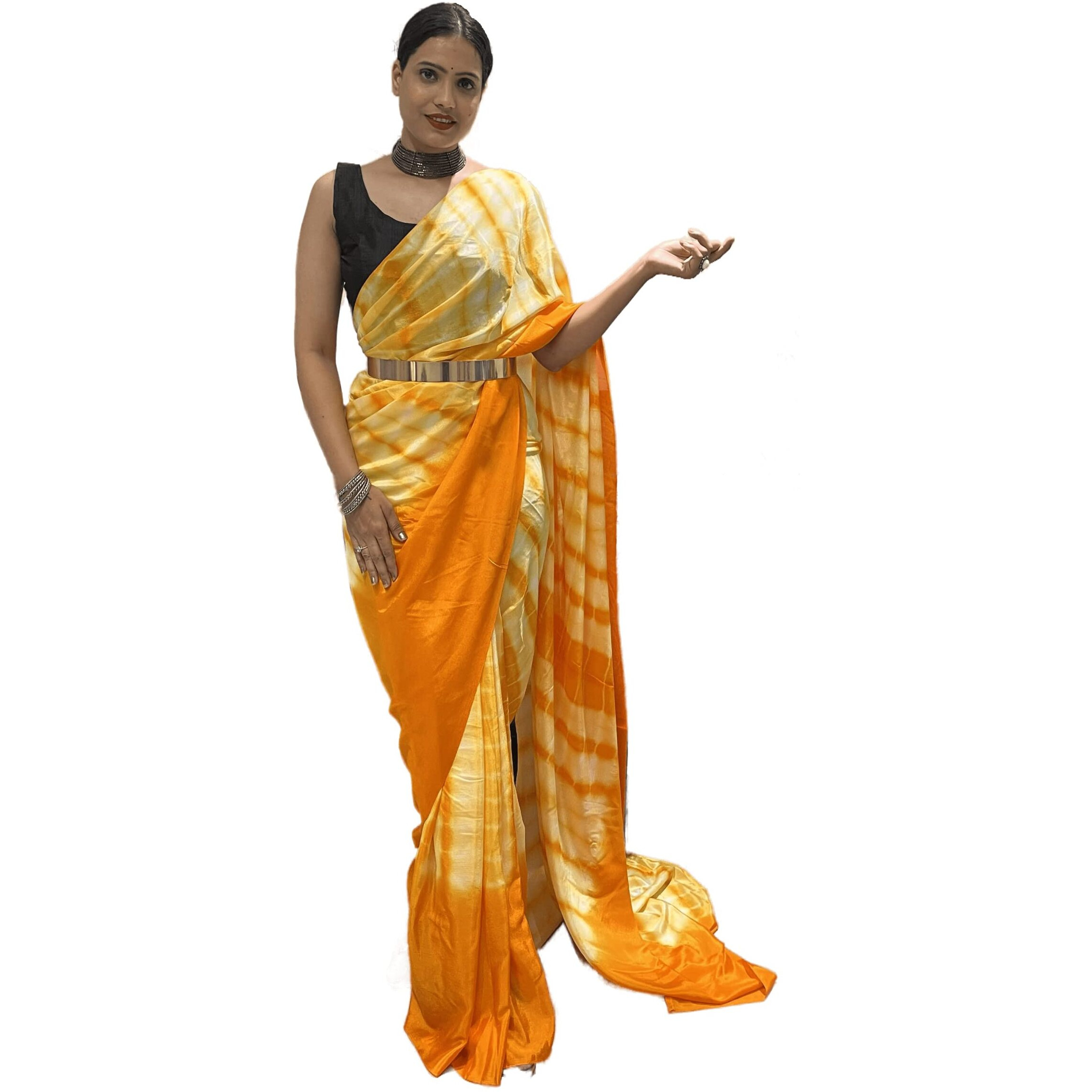Sidhidata Womens Chinon Ready To Wear 1 Minute Draped Saree With Unstitched Blouse Piece (B Yellow)