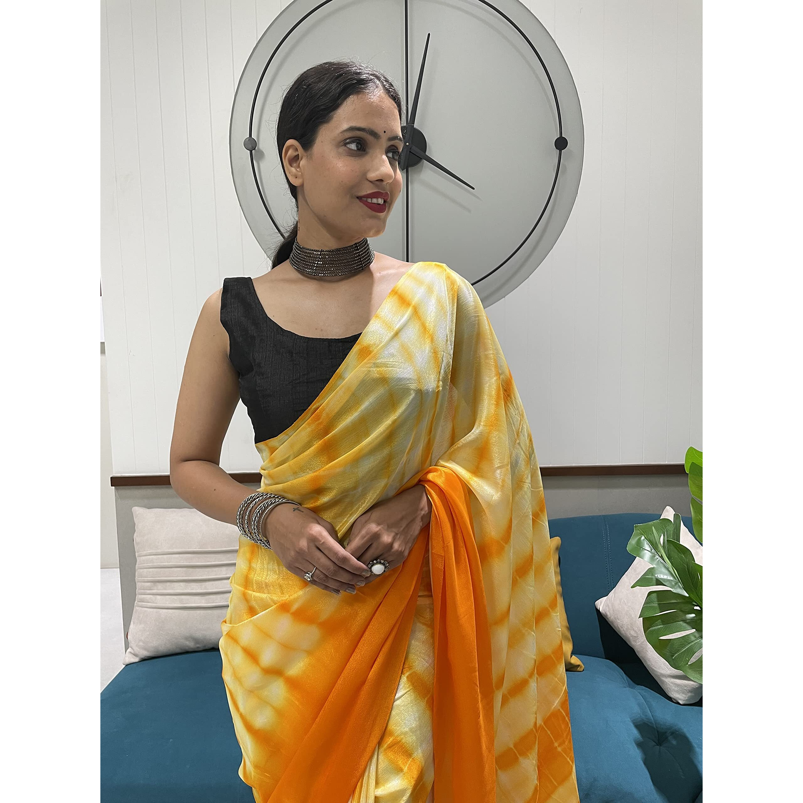 Sidhidata Womens Chinon Ready To Wear 1 Minute Draped Saree With Unstitched Blouse Piece (B Yellow)