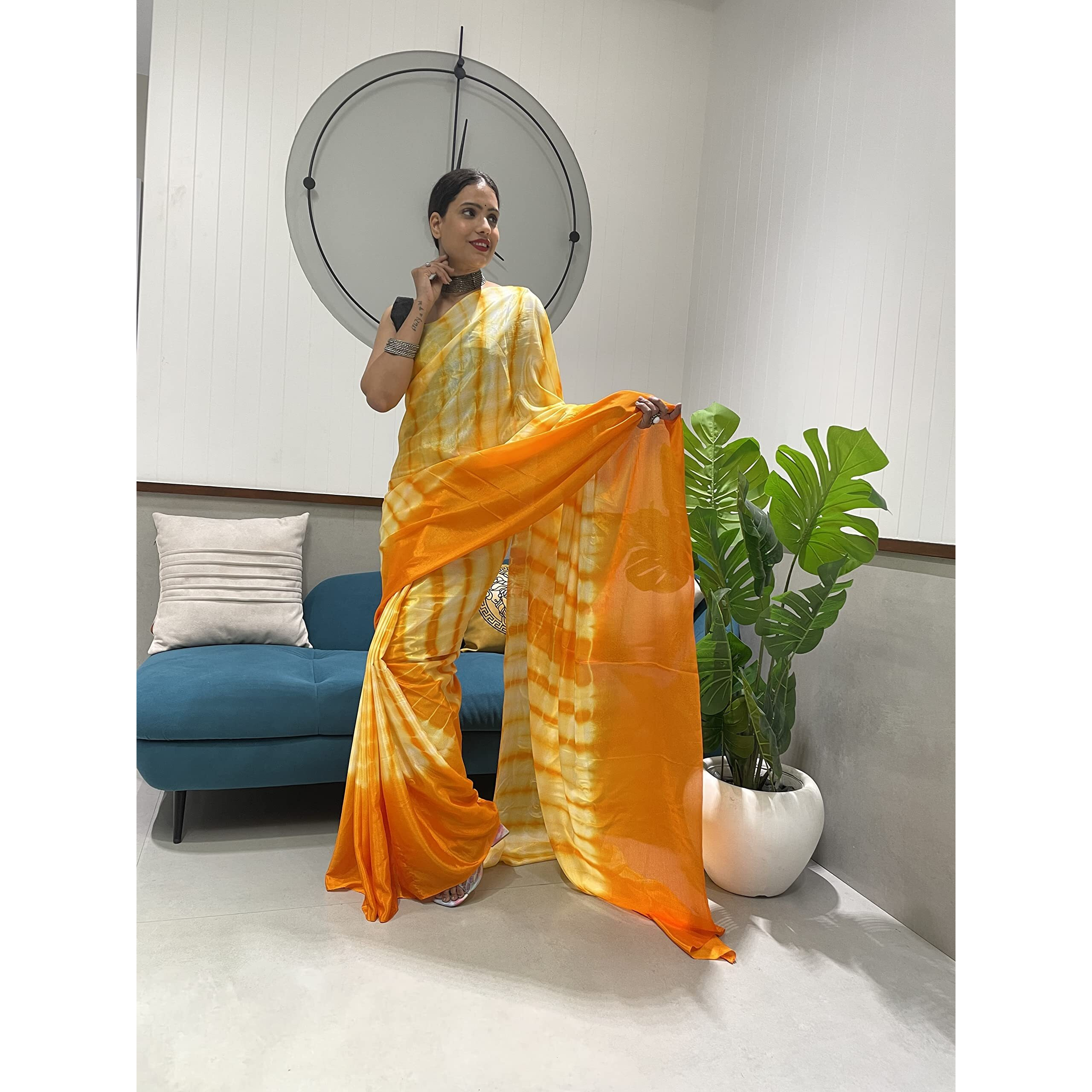 Sidhidata Womens Chinon Ready To Wear 1 Minute Draped Saree With Unstitched Blouse Piece (B Yellow)