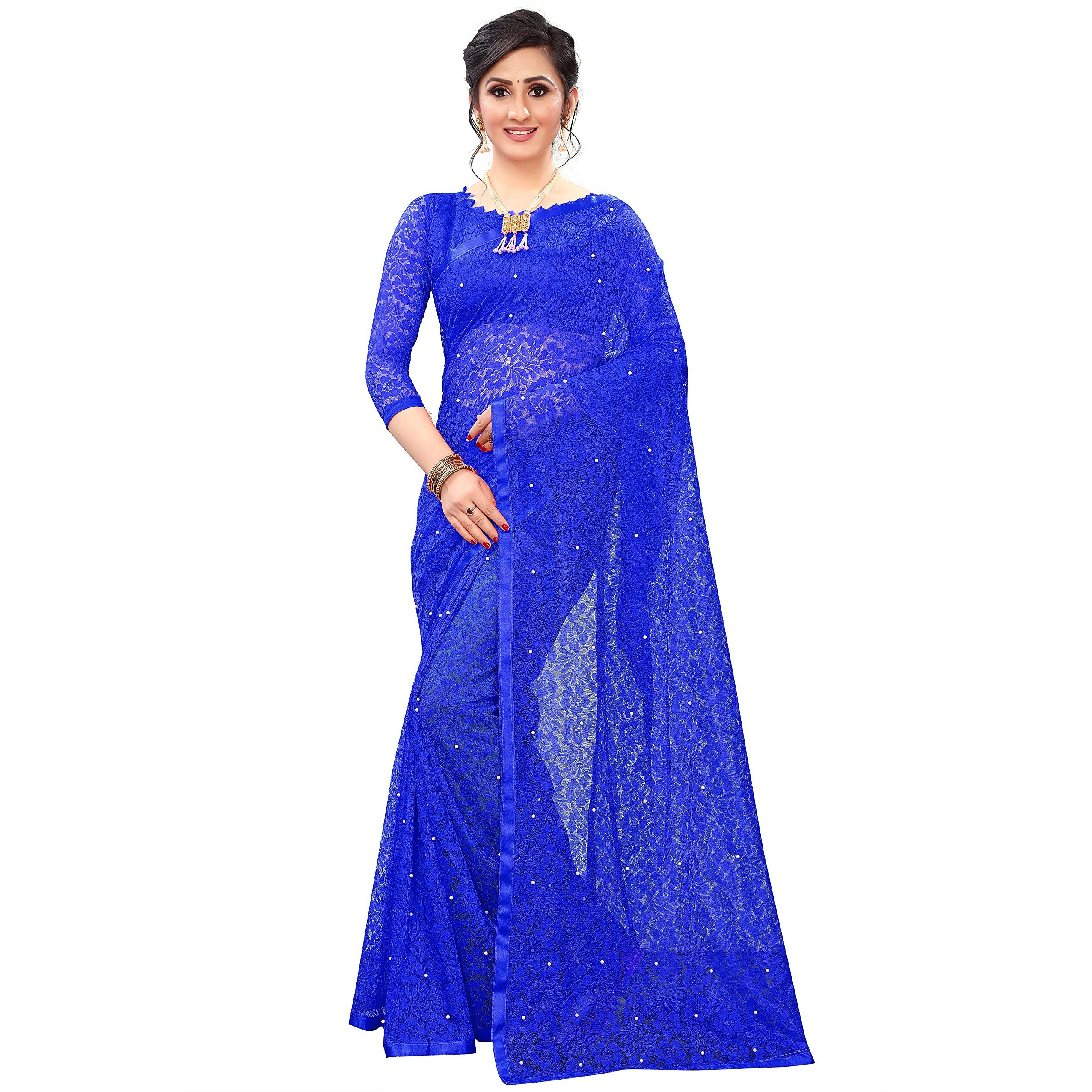 LOROFY Womens Net Saree (With Blouse_Free Size) (Blue)
