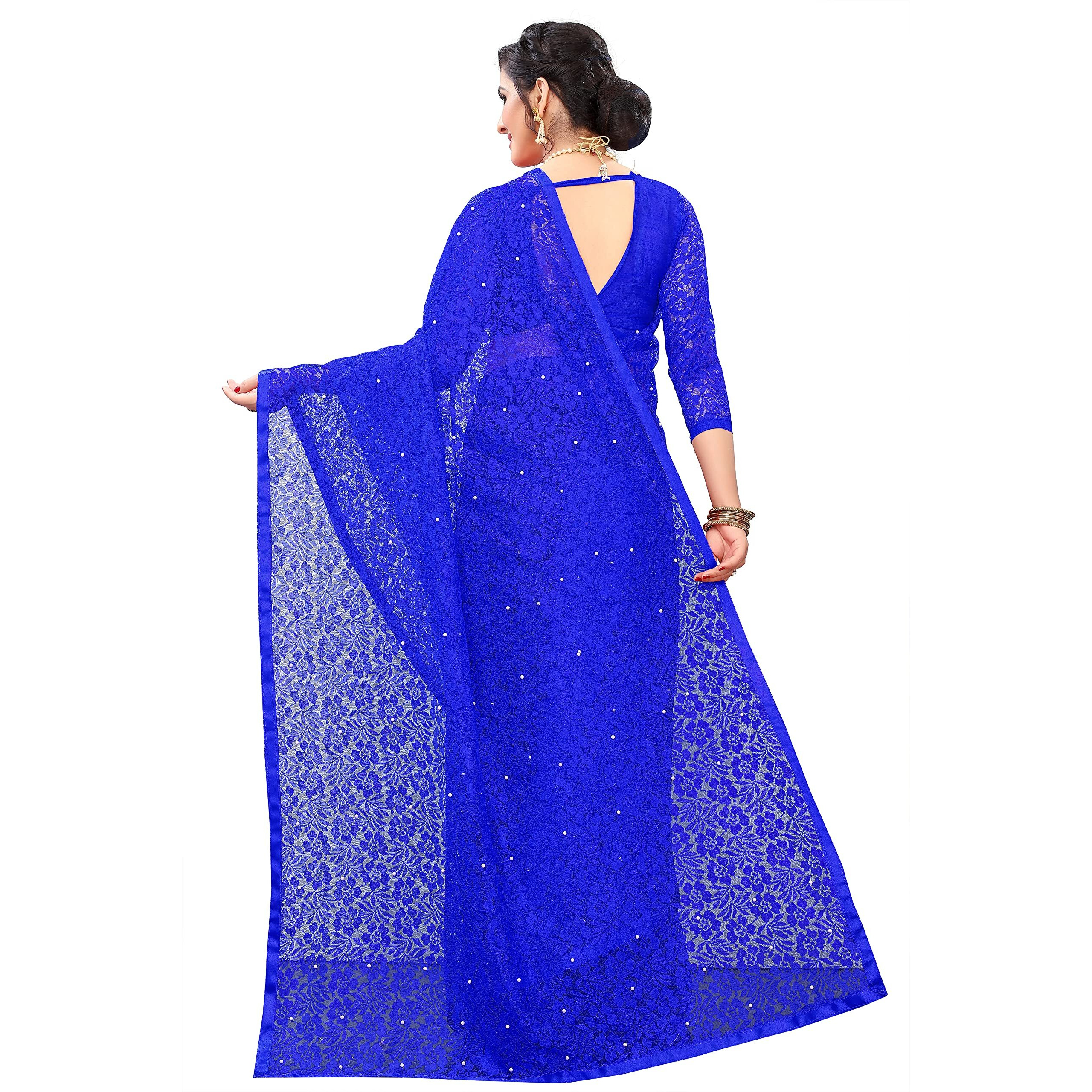 LOROFY Womens Net Saree (With Blouse_Free Size) (Blue)