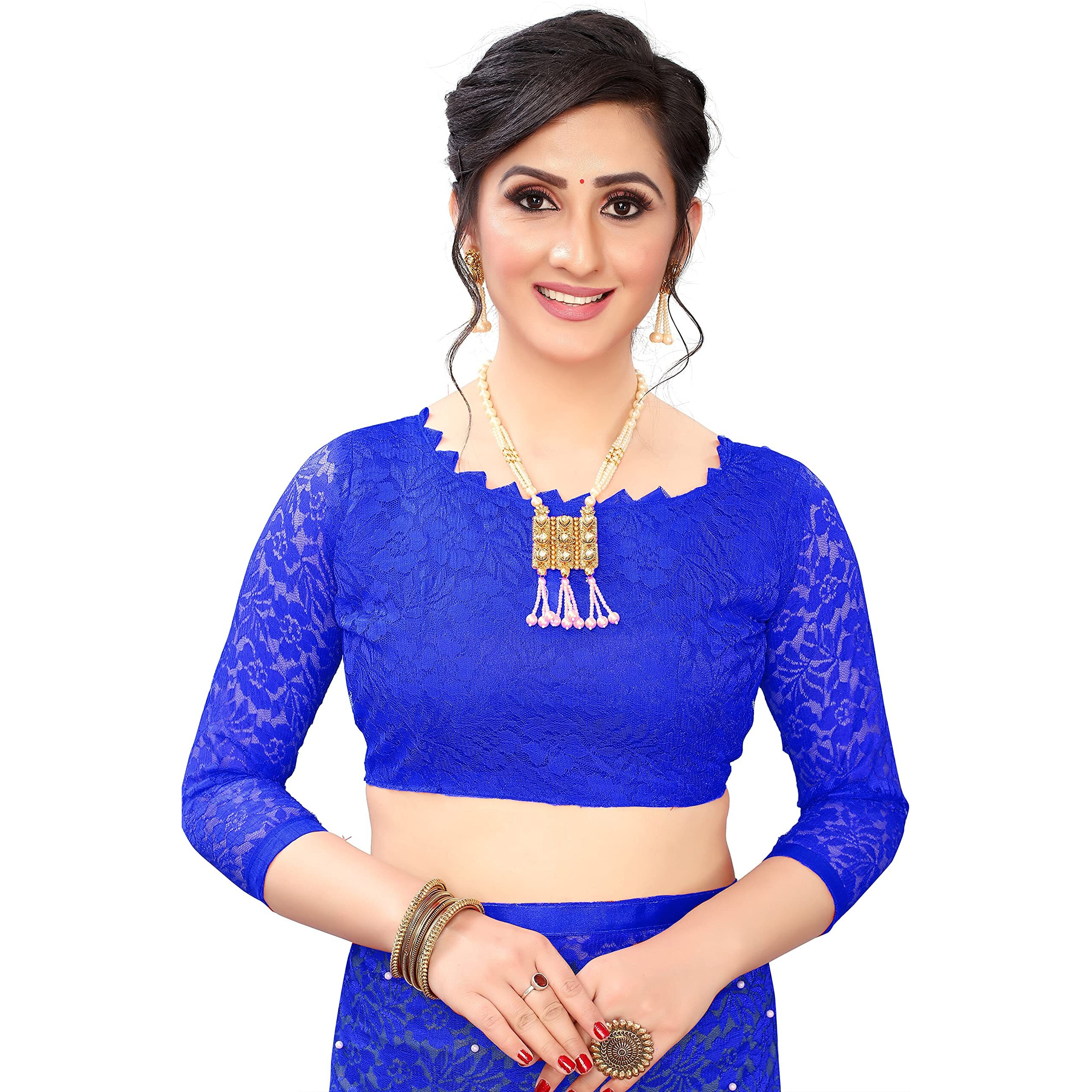 LOROFY Womens Net Saree (With Blouse_Free Size) (Blue)