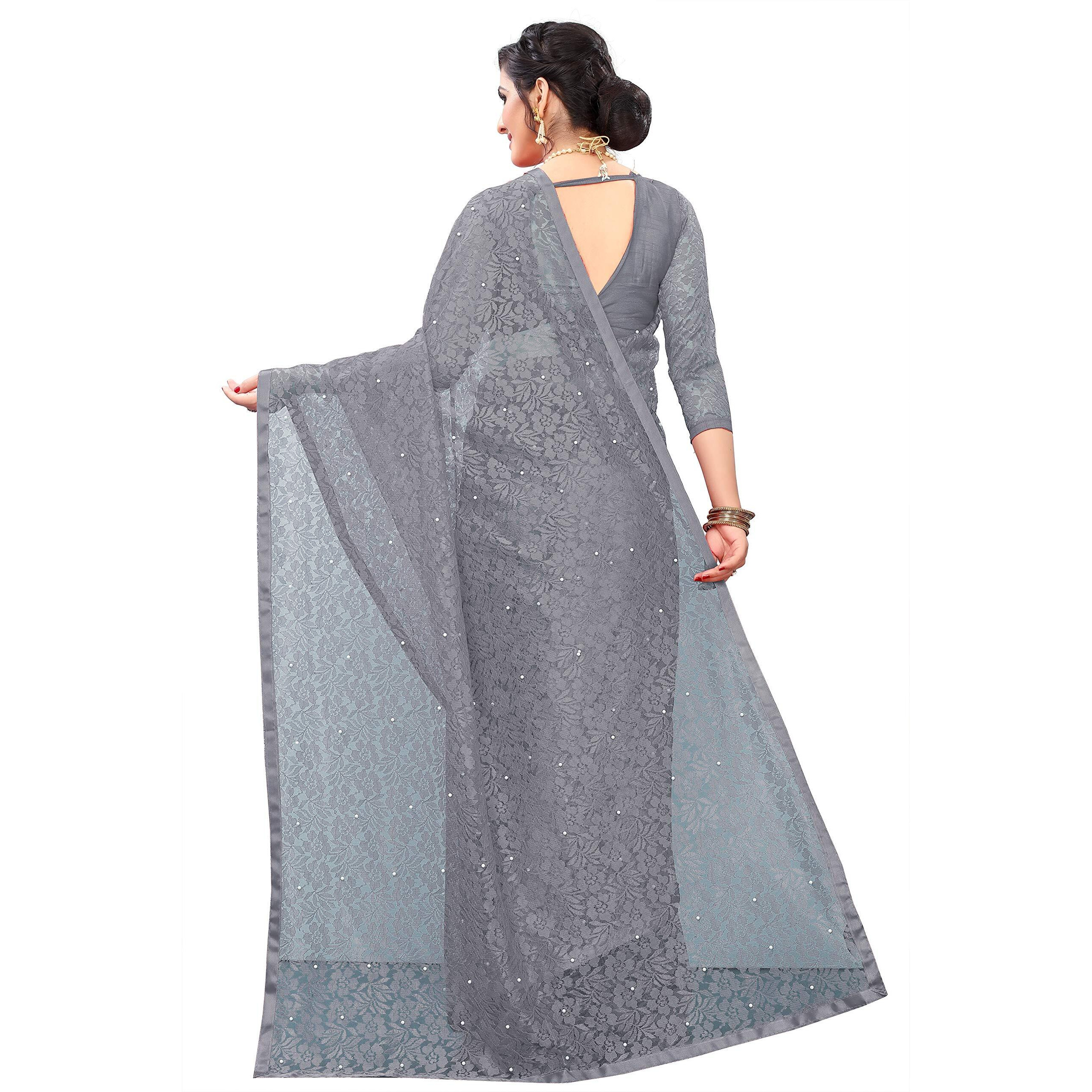 LOROFY Womens Net Saree (With Blouse_Free Size) (Grey)