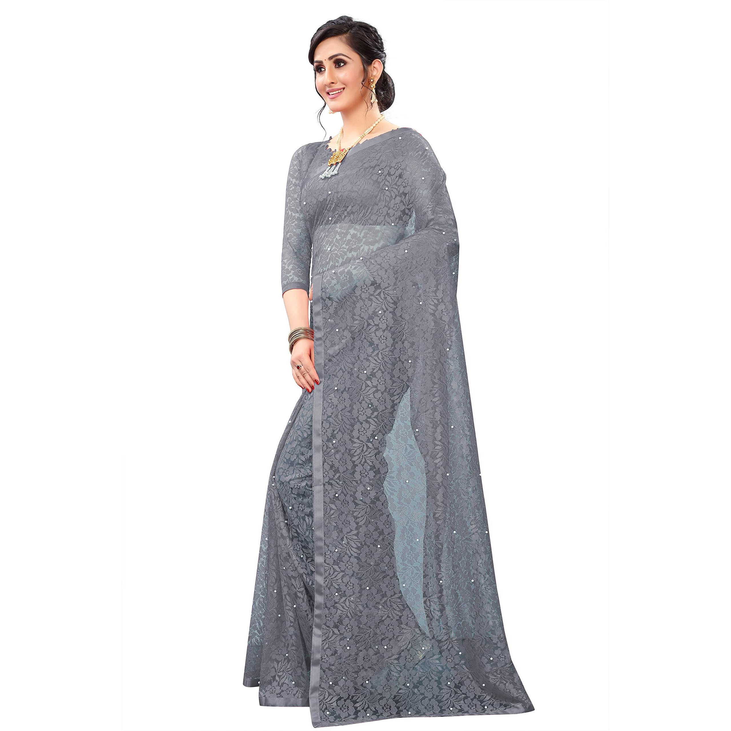 LOROFY Womens Net Saree (With Blouse_Free Size) (Grey)