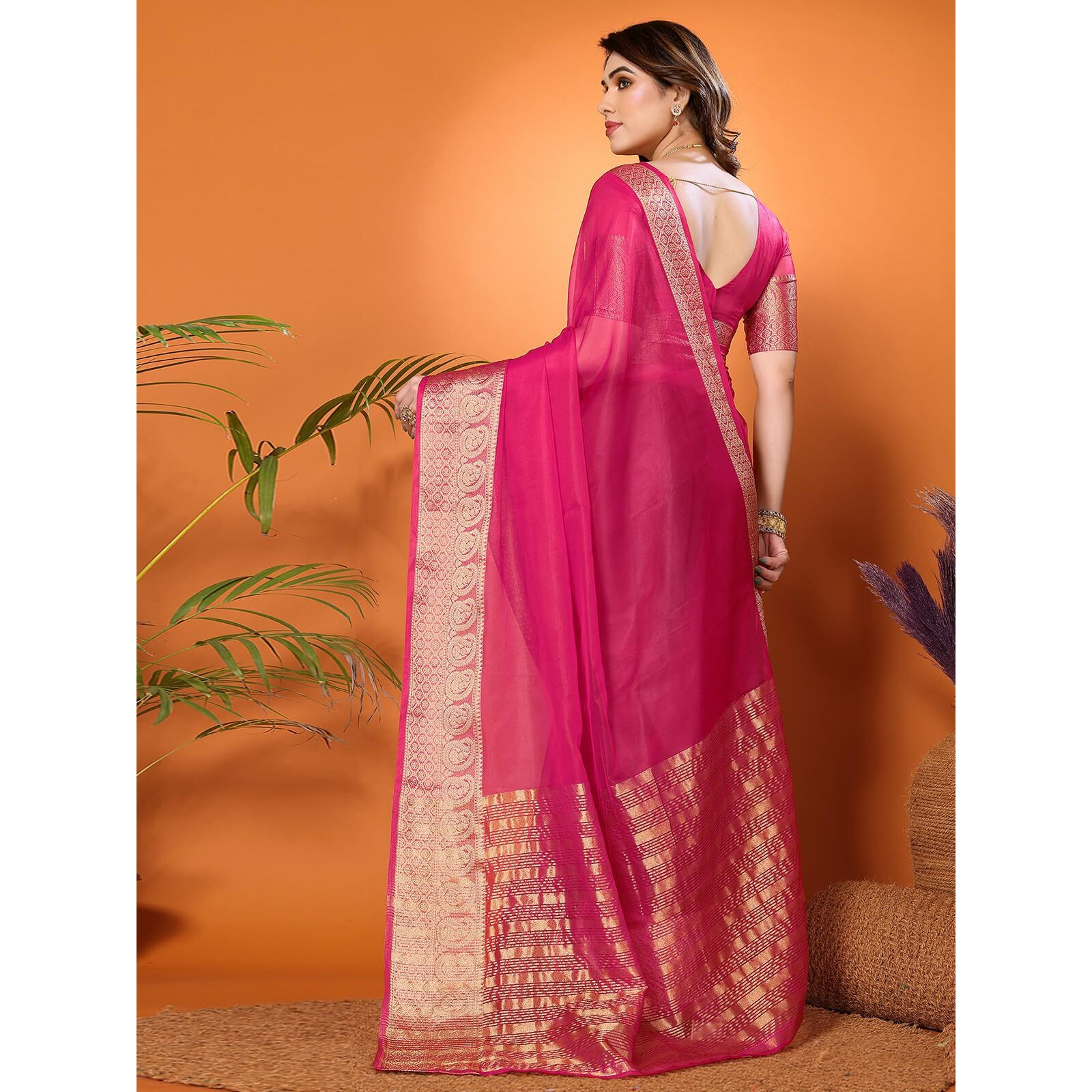 SIRIL Womens Jacquard Border Organza Saree with Unstitched Blouse Piece (3276S254A_Pink)