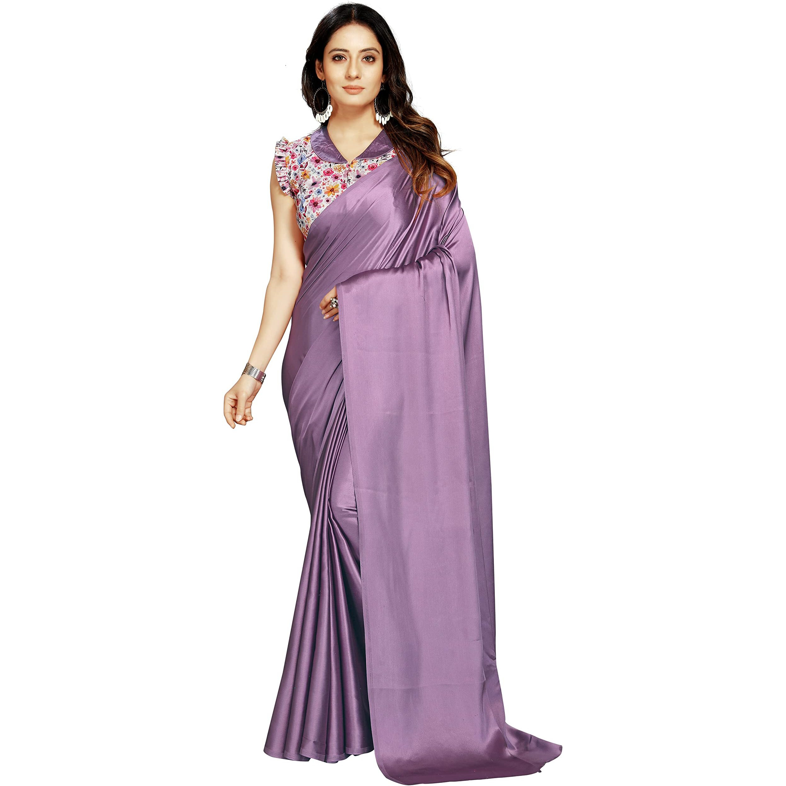 ANANT DESIGNER STUDIO Womens Satin Silk Plain Saree with Designer Blouse Piece Digital Printed (Light Purple)