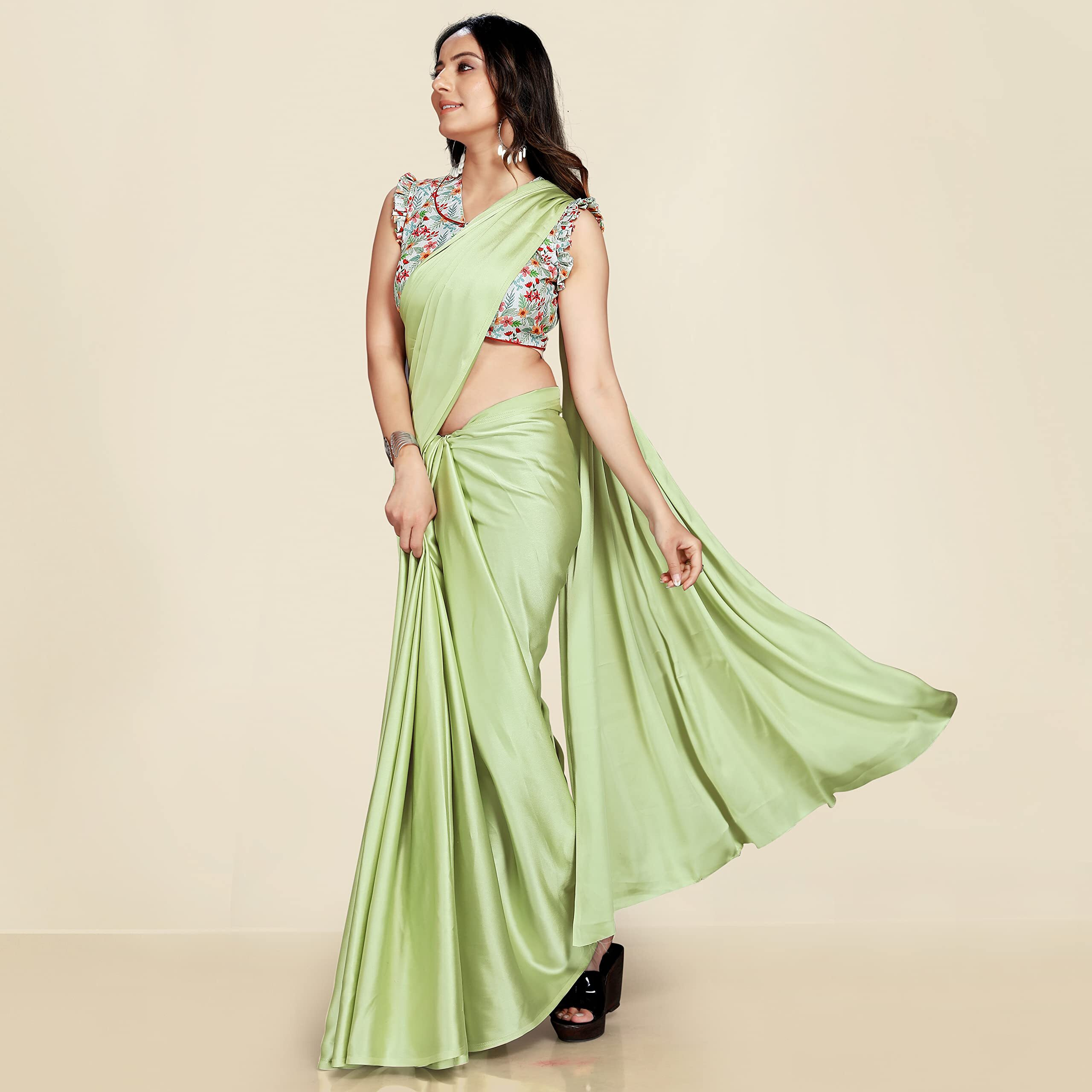 ANANT DESIGNER STUDIO Womens Satin Silk Plain Saree with Designer Blouse Piece Digital Printed (Pista)