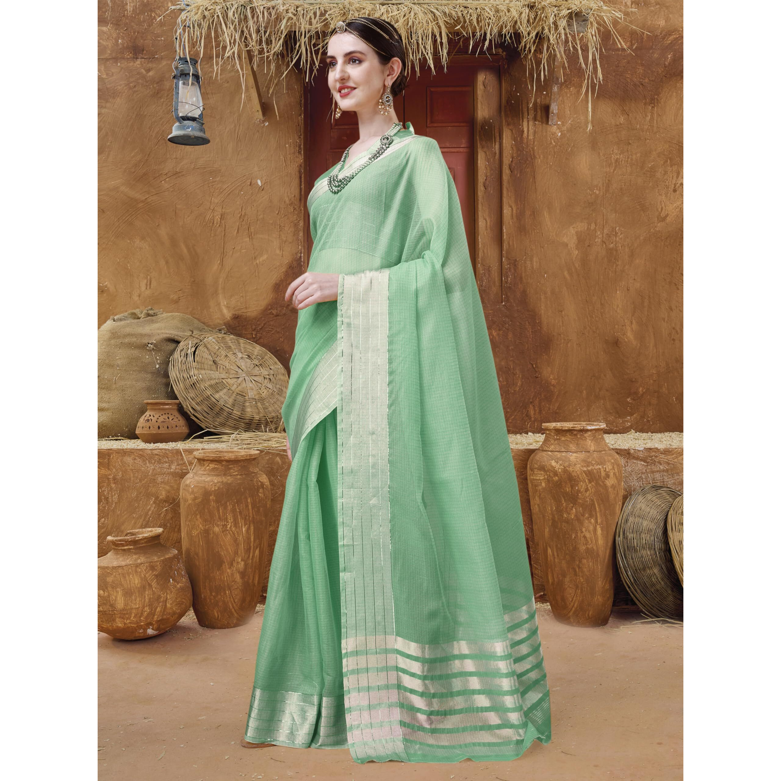 EthnicJunction Womens Cotton Linen Woven Saree With Blouse Piece (Green)