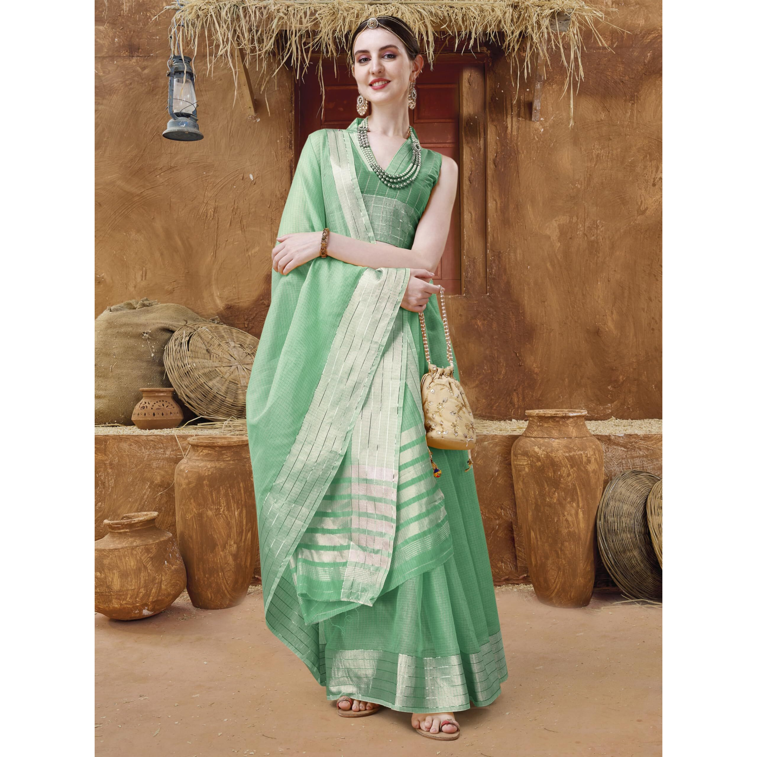 EthnicJunction Womens Cotton Linen Woven Saree With Blouse Piece (Green)